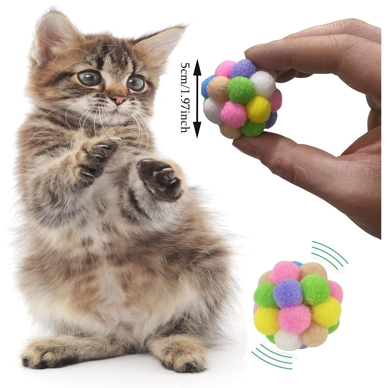 AQSXO 2 Inches Cat Toy Balls with Bell, Colorful Soft Fuzzy Balls, Cat Toys for Indoor 12 Pieces.