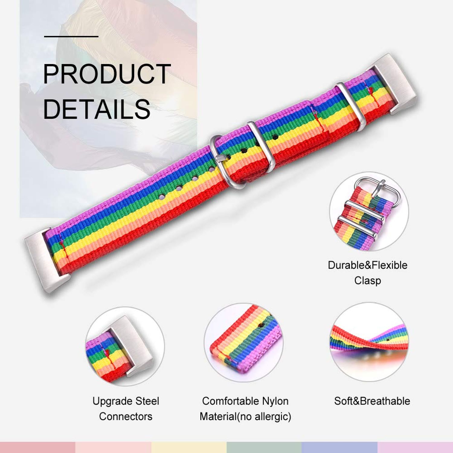 Bandmax Rainbow Bands Compatible fitbit Charge 3 Smartwatch,LGBT Pride Nylon Charge 3 Watch Bands Durable Fitbit 3 Sport Replacement Straps Accessories with Adjustable Silver Metal Clasp(Small Size)