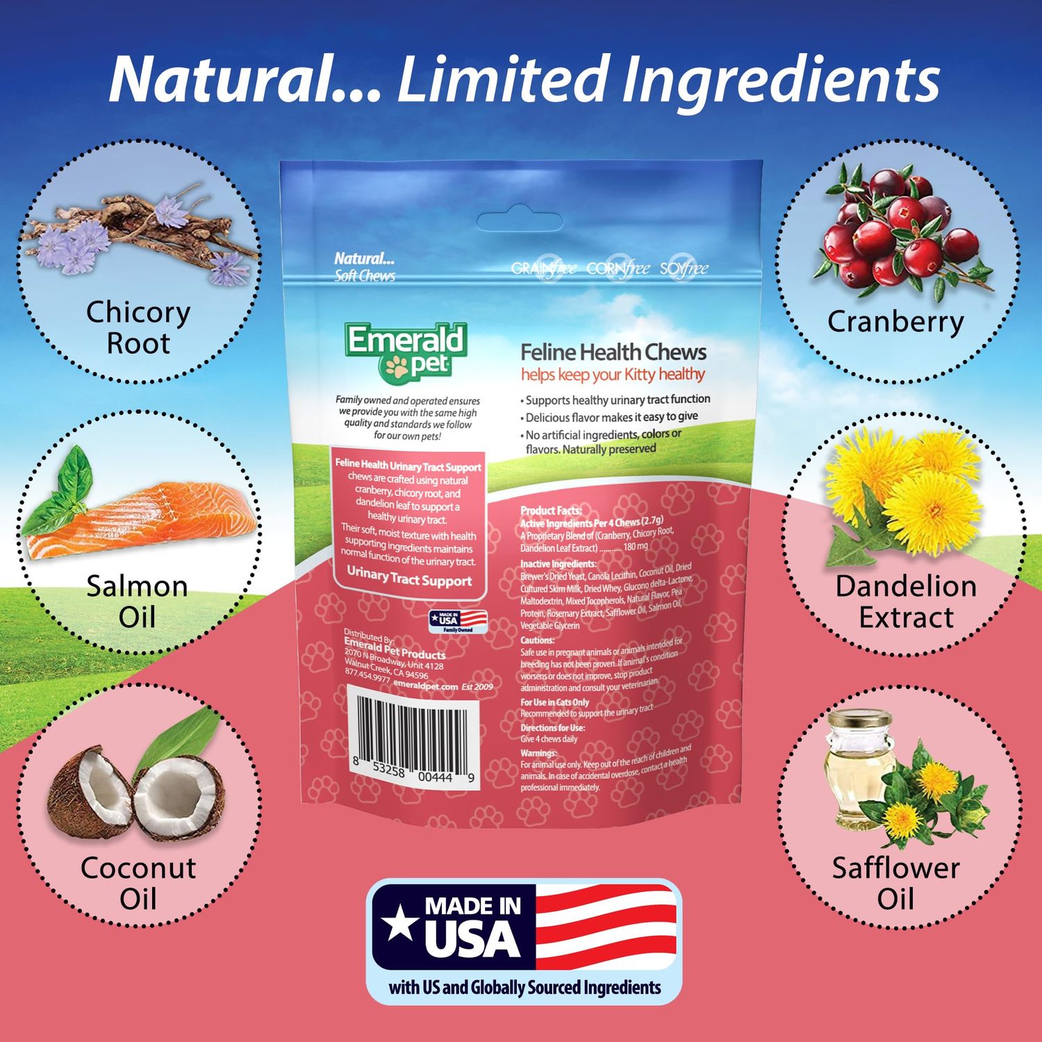 Emerald Pet Feline Health Chews UT Support — Natural Grain Free Urinary Tract Health Cat Chews — Cat Urinary Supplements with Cranberry, Chicory Root, and Dandelion Leaf Extract — Made in USA, 2.5 oz