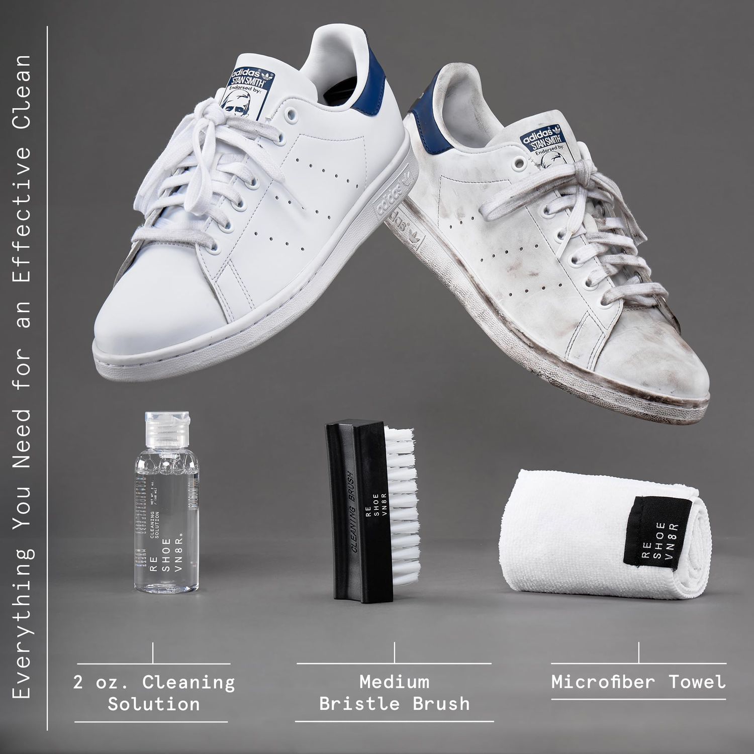 Reshoevn8r Shoe Cleaner Sneakers Kit, Starter Kit - Sneaker Cleaner for Canvas, Mesh, Knit, Leather, Nubuck, Plastic, & Rubber Shoes - 2oz Cleaning Solution, 1 Medium Bristle Brush, & Microfiber Towel