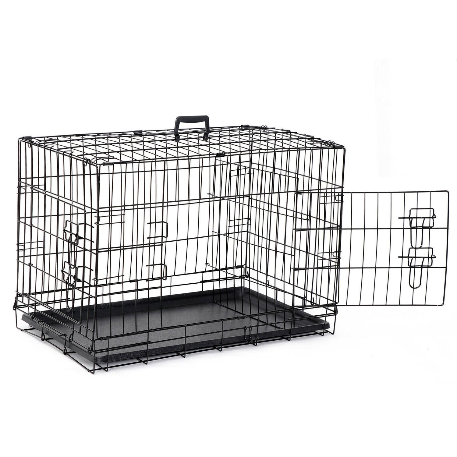 30" Durable Dog Crate Kennel 2 Door Folding Metal Pet Cat Cage with Tray Black