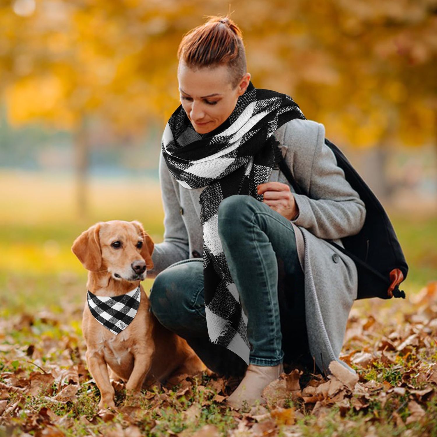 E-Clover Christmas Matching Dog and Owner Set-Dog Bandana Collar & Matching Scarf Girl Boy Adjustable Dog Collars for Small Medium Dogs Owner Mom Gift Black White Buffalo Plaid