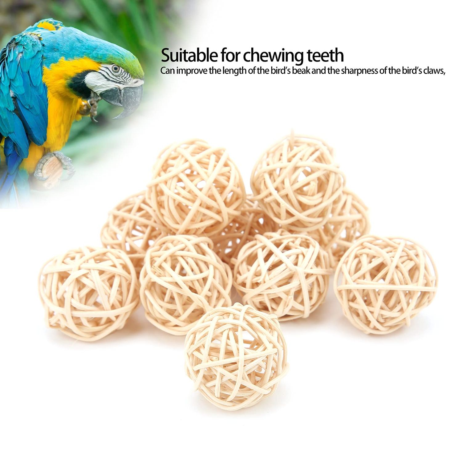 Haosie Rattan Balls, 10PCS Parrot Wicker Balls Bird Toy, 3CM Natural Parakeet Chewing Toys Decorative Balls