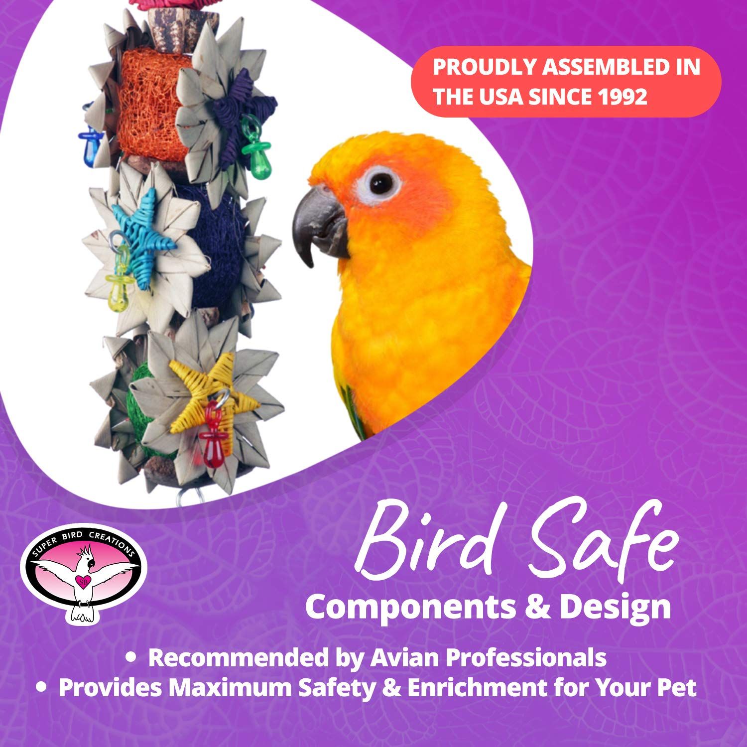 Super Bird Creations SB1098 Palm Star Bird Toy for Parrots, Ringnecks, Medium Conures, Quakers, Pionus, Senegal - Leaves, Colorful loofa, Mahogany Pods Vine Stars - Medium Bird Size, 13" x 3.5" x 3.5"