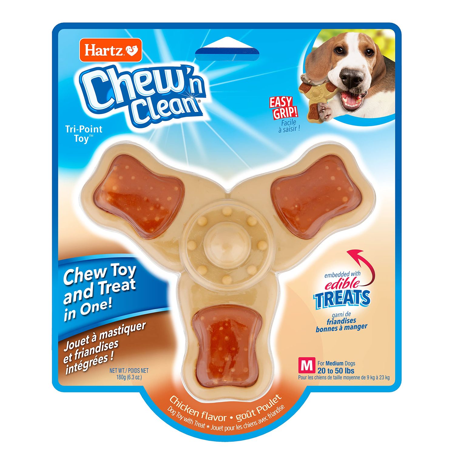 Hartz Chew ‘n Clean Chew Toy and Treat in One Chicken Flavored Tri-Point Dog Toy, Medium