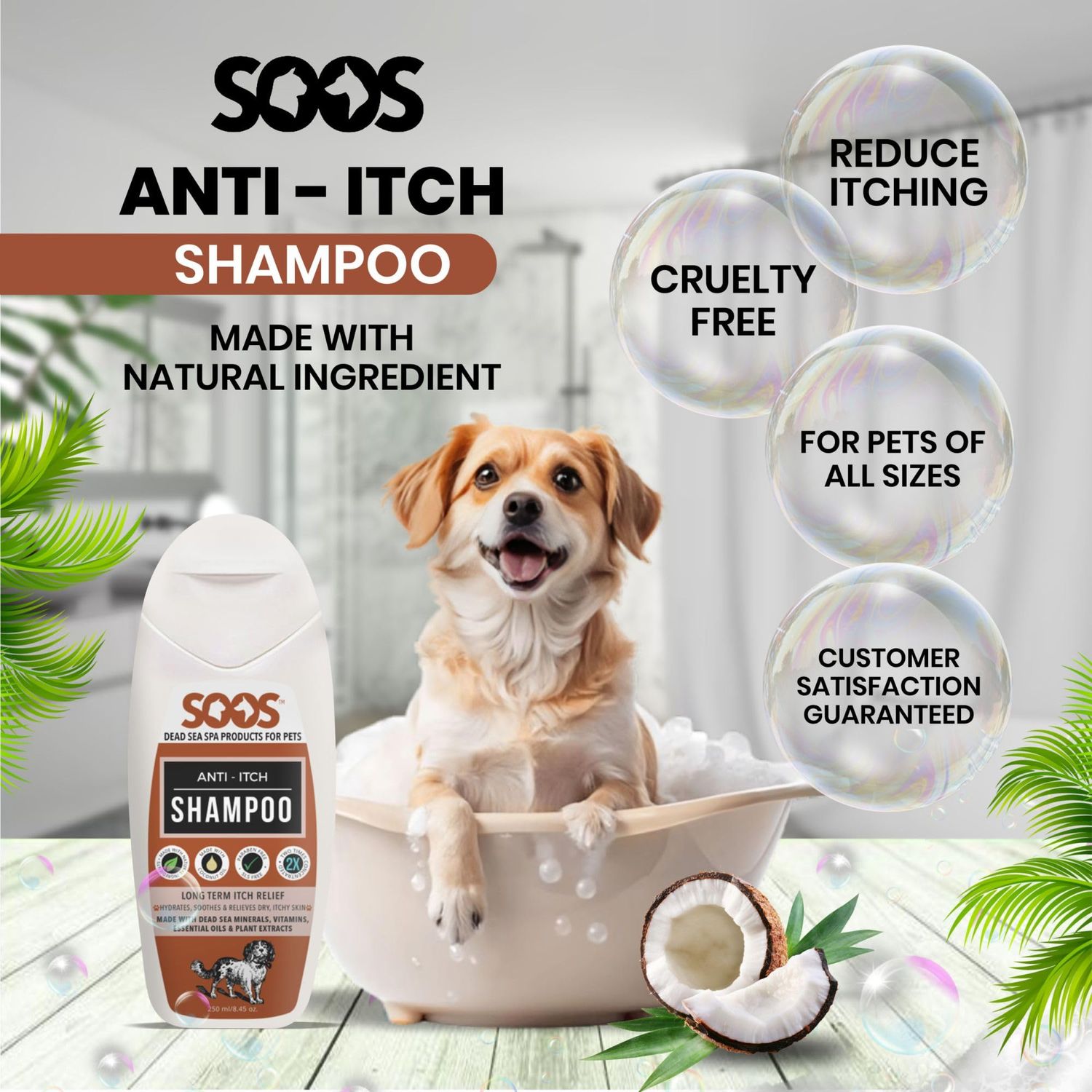 Soos Pet Shampoo Anti-Itch Cat and Dog Shampoo Dead Sea Minerals Fast Absorbing Soothes Itching Clean Fur with Vitamins Essential Oils Natural Ingredients - 1x Bottle (250ml)