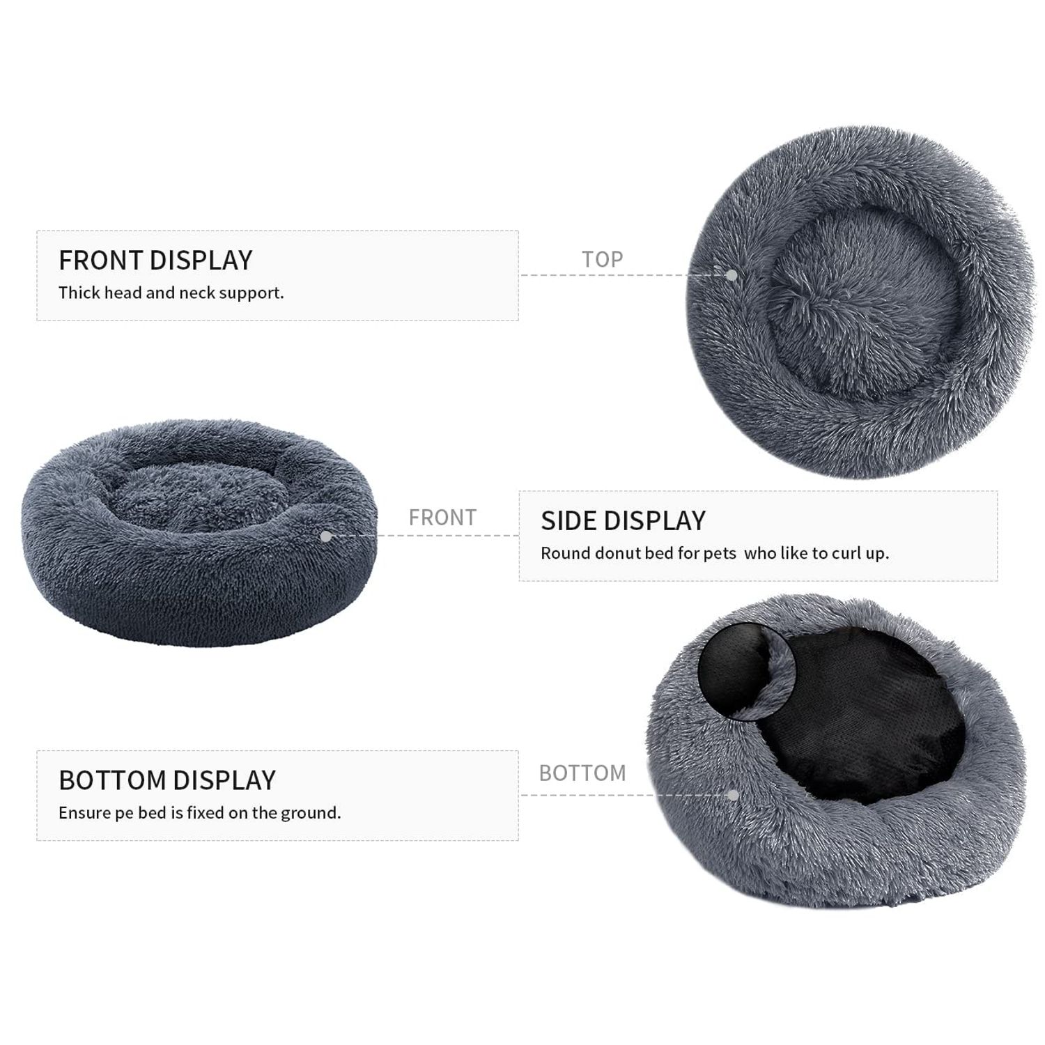 CEVICOLZE Small Cat Bed for Indoor Cats, Self-Warming Donut Kitty Bed for Small Cats Keeping Warm, Washable Pet Bed with Anti Slip Base, 20‘’ Darkgrey
