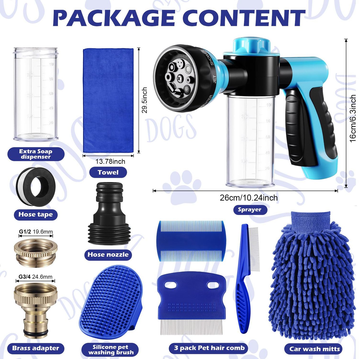 Baderke 10 Piece Dog Washing Hose Attachment Dog Hose Nozzle with Soap Dispenser Pet Shower Tool Set Dog Comb Bath Brush Towel Car Wash Mitt Brass Converter Tape for Pet Garden Car Washing (Blue)