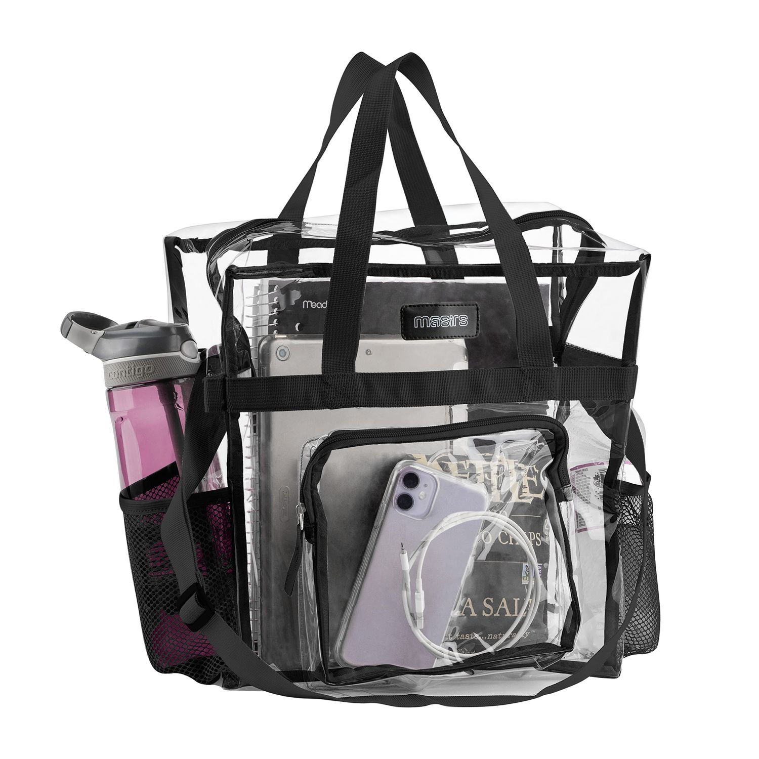 Masirs Clear Tote Bag Stadium Approved, Mesh Pockets, Shoulder Straps and Zippered Top, Perfect Clear Bag for Work, Sports Games and Concerts, Meets Stadium Tournament Guidelines, (Black)