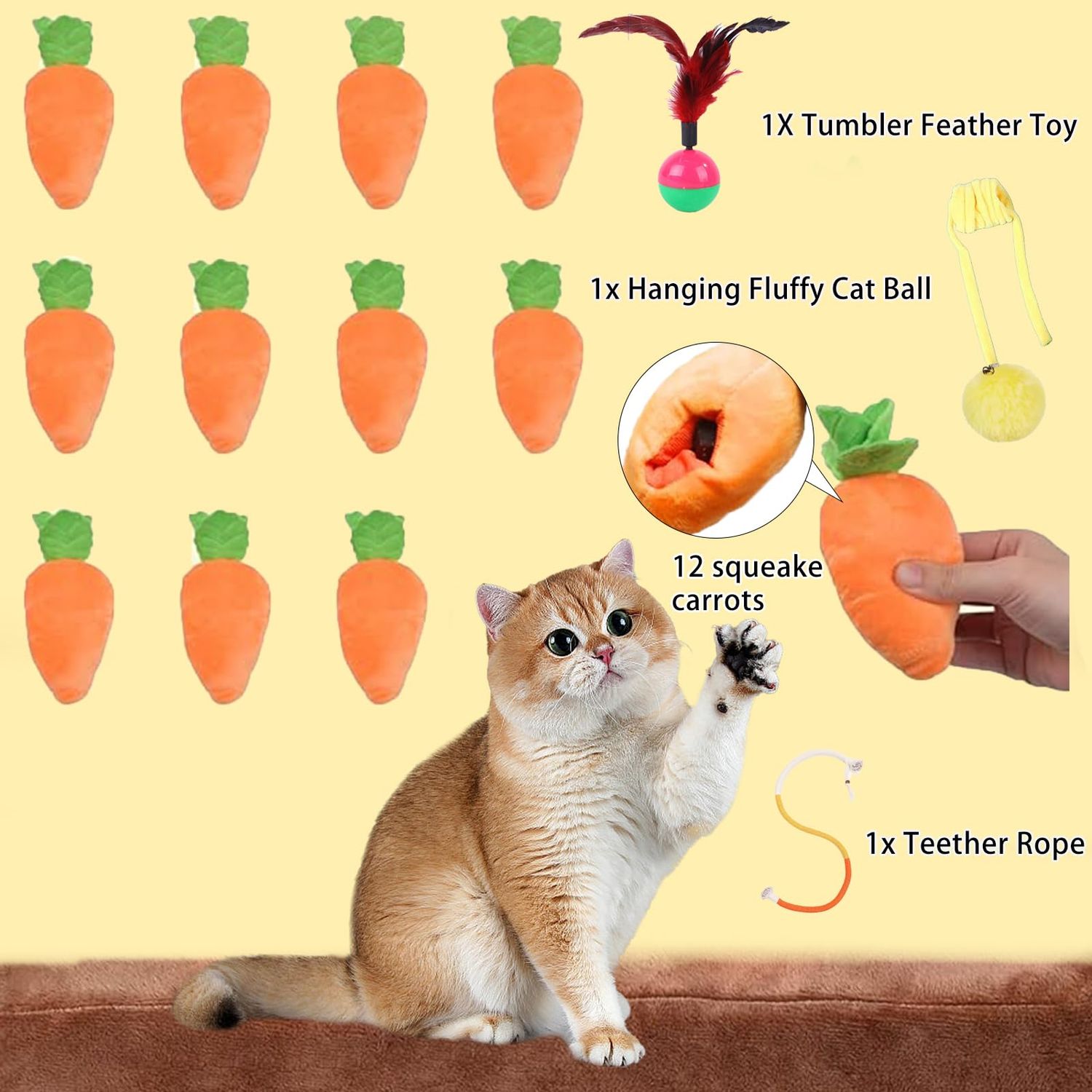 Risbang Carrot Cat Treat Puzzles for Indoor Cats, Interactive Cat Enrichment Toys for Bored Indoor Adult Cats Hanging Cat Toys Pack Bulk Kicker Nip Toy 12 Squeaky Plush Carrots