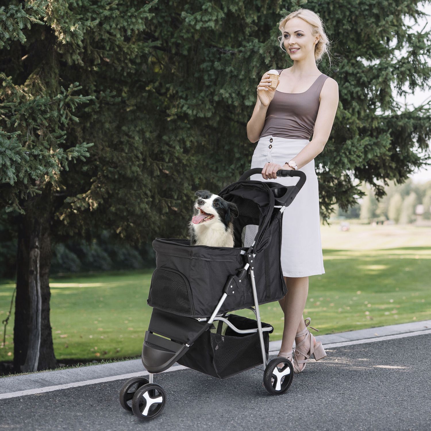 Dog Stroller Pet Travel Carriage 3 Wheeler w/Foldable Carrier Cart W/Cup Holder