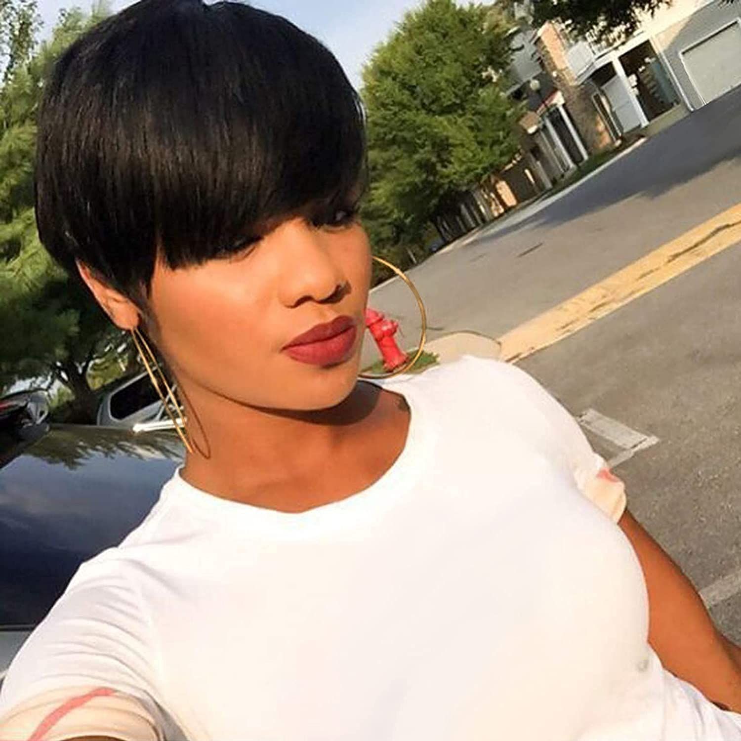 Short Human Hair for Black Women Human Hair Short Pixie Cut Wigs for Black Women Brazilian Virgin Wigs with Bangs 1# Color