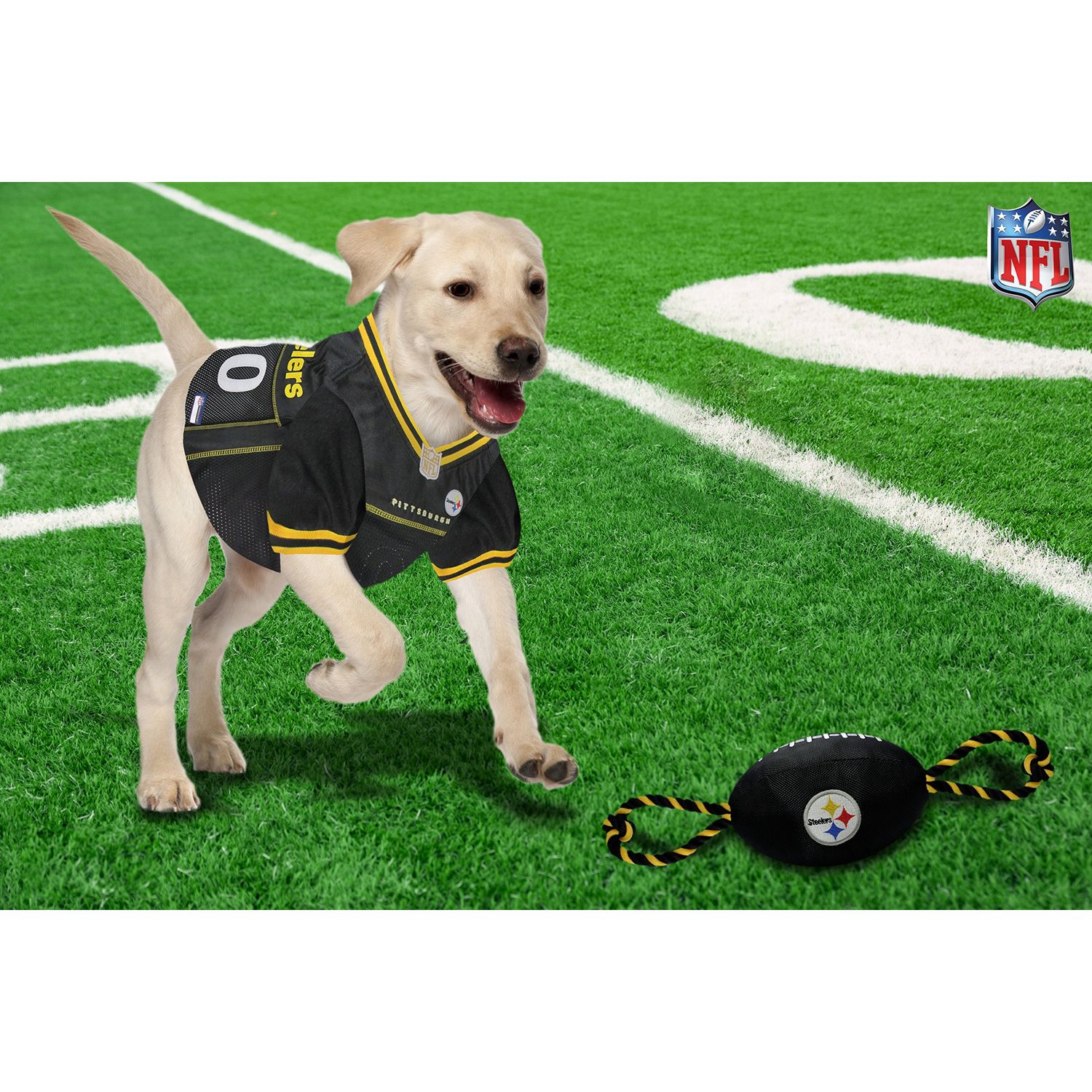 Pets First NFL Pittsburgh Steelers Football Dog Toy, Tough Quality Nylon Materials, Strong Pull Ropes, Inner Squeaker, NFL Team Color
