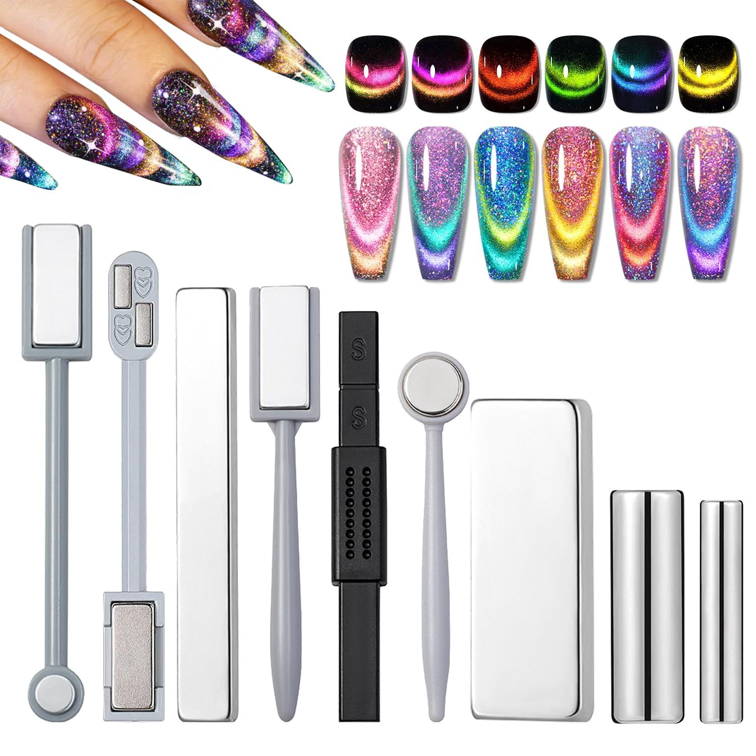 JERCLITY 9 Pieces Cat Eye Magnet for Nails Double-Head Multi-Function Magnet Square Thickened Cat Eye Magnet Plate Strong Cylindrical Nail Magnet for Cat Eye Gel Polish Nail Art
