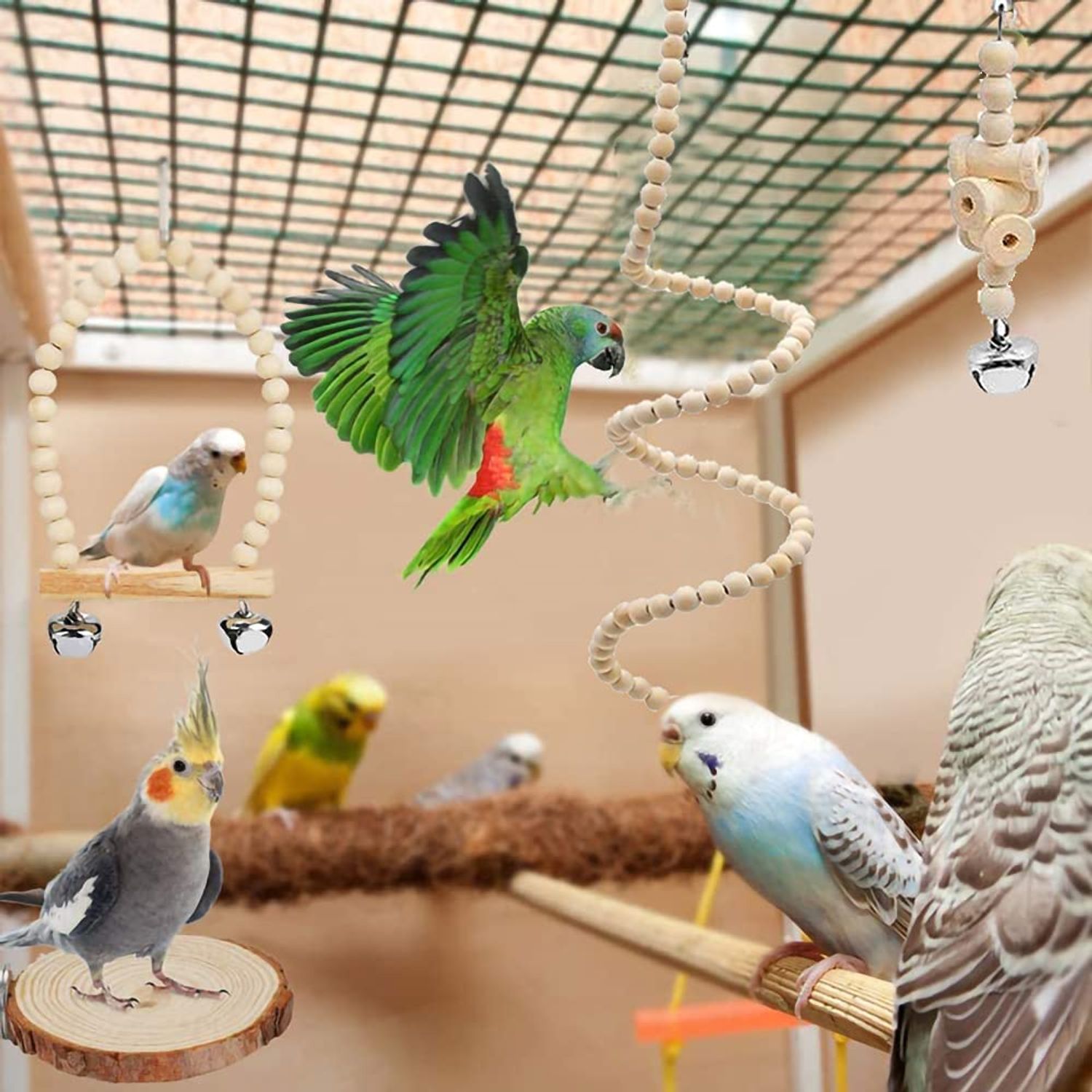 TOLMIOW 9 Pieces Parrots Chewing Natural Wood and Rope Bungee Bird Toy for Anchovies, Coconut Hideaway with Ladder,Bird Perch Stand, Bird Cage Accessories, Parakeets, Cockatiel, Conure, Mynah, Macow