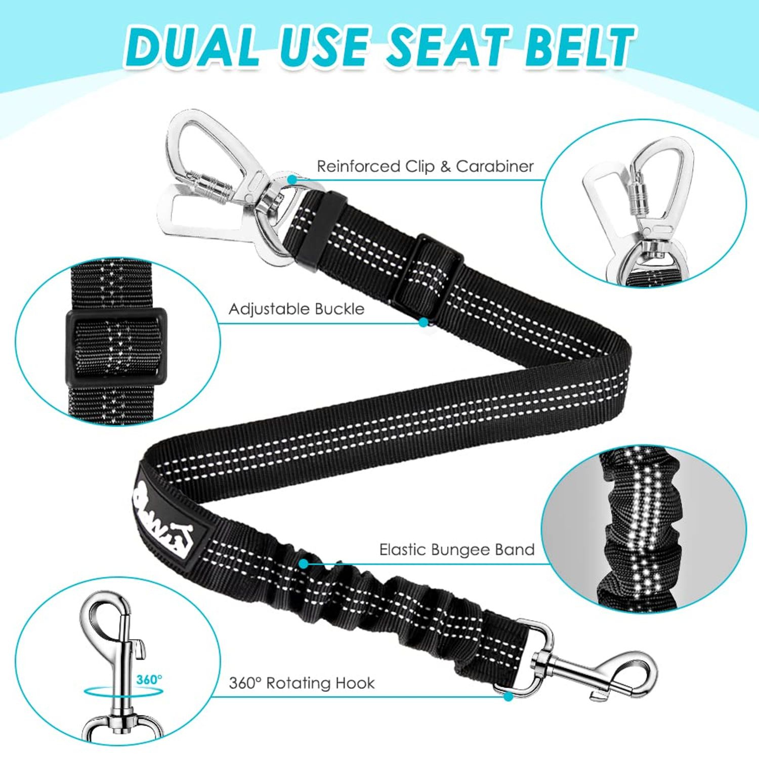 SlowTon Dog Car Harness Seat Belt Set, Dog Vest Harness Adjustable Mesh Breathable & Vehicle Safety Seatbelt Tether with Elastic Bungee for Small Medium Large Pets (Light Blue, M)