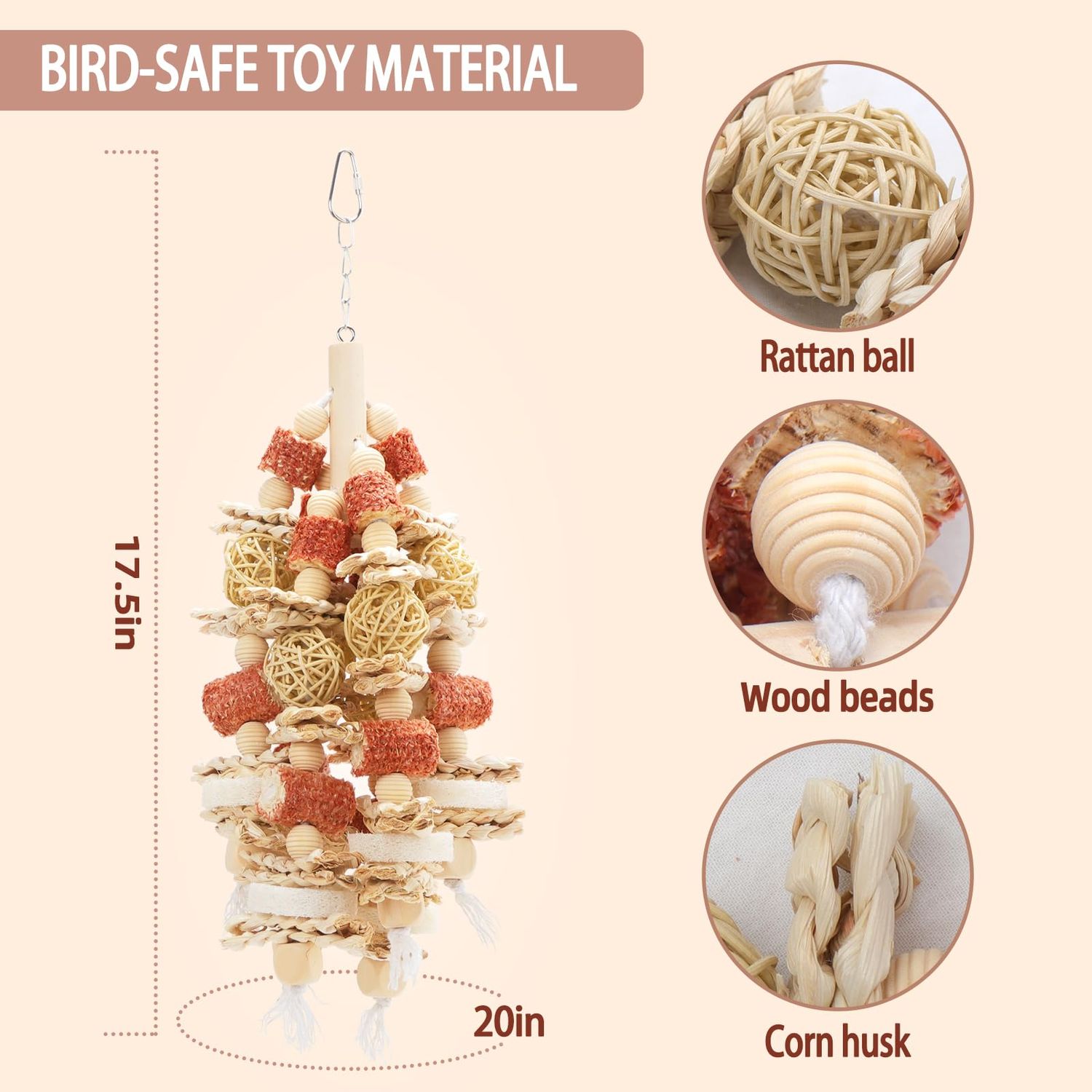 kencunay Bird Toys That is 17.5 Inches in Length, Parrot Toy Designed for Chewing Features Natural Corn cob and Loofah Slices, Can Be Hung in Large and Medium-Sized Parrot Cages