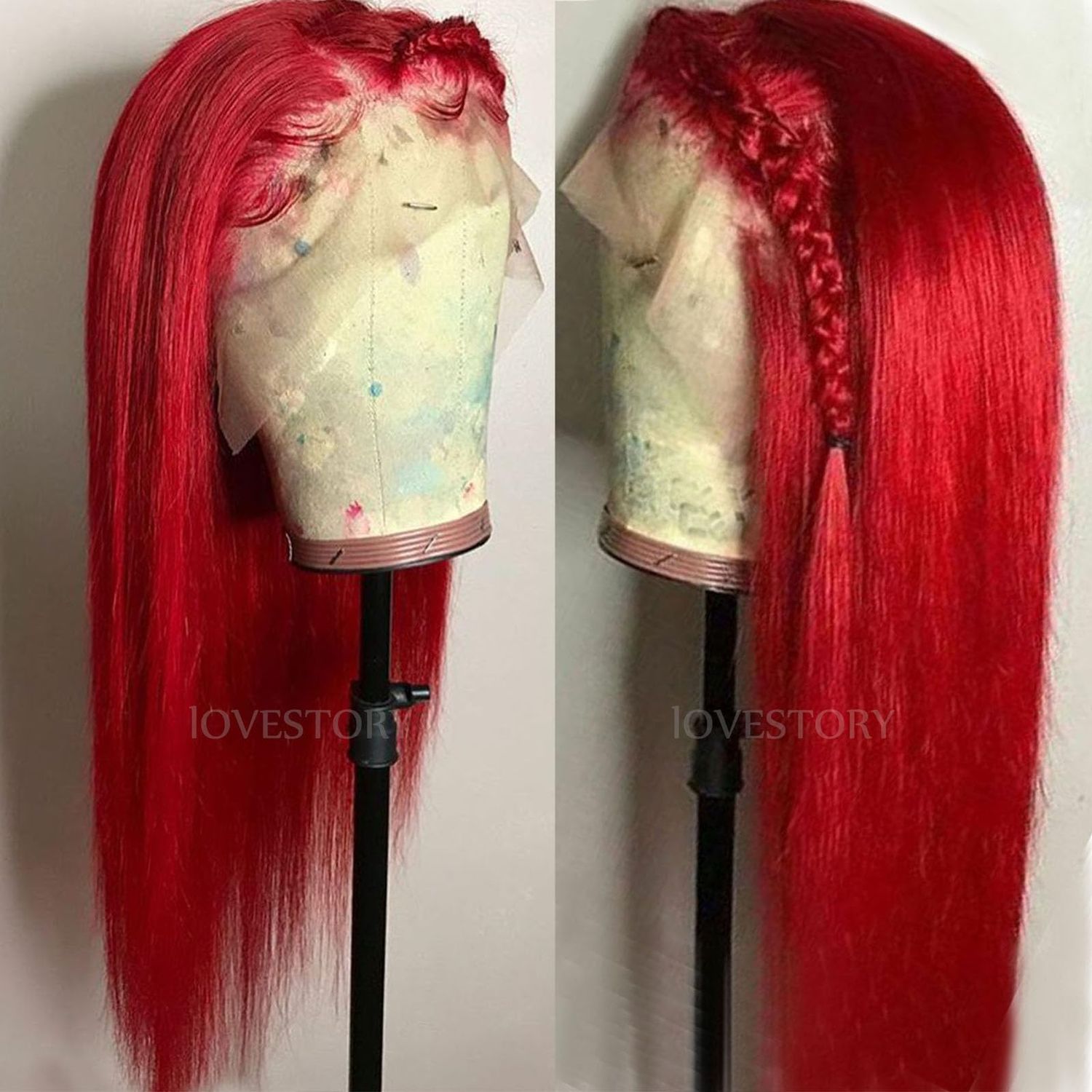 LoveStory 13x6 Long Straight Lace Front Wigs Red Color Pre Plucked Synthetic Lace Front Wigs Free Part Heat Resistant Glueless HD Lace Wigs natural Hairline