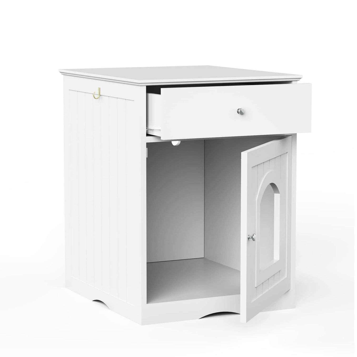 Donext Wood Cat House & Side Table with Drawer, Cat Home Covered Nightstand, Indoor Pet Crate, Litter Box Enclosure, Hooded Hidden Pet Box, Cats Furniture Cabinet, Kitty Washroom, White