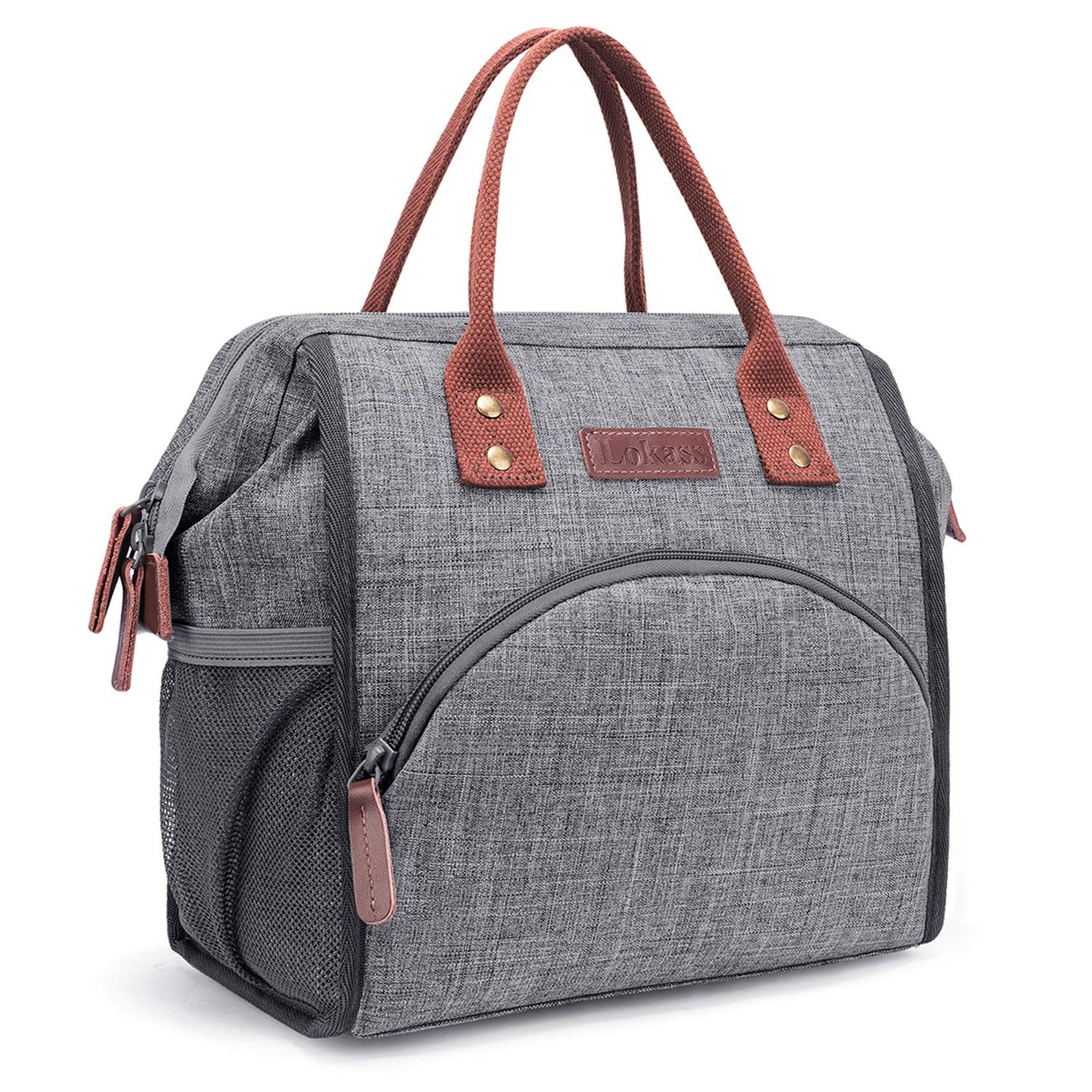 LOKASS Insulated Lunch Bag Wide Open Tote w Drink Holder