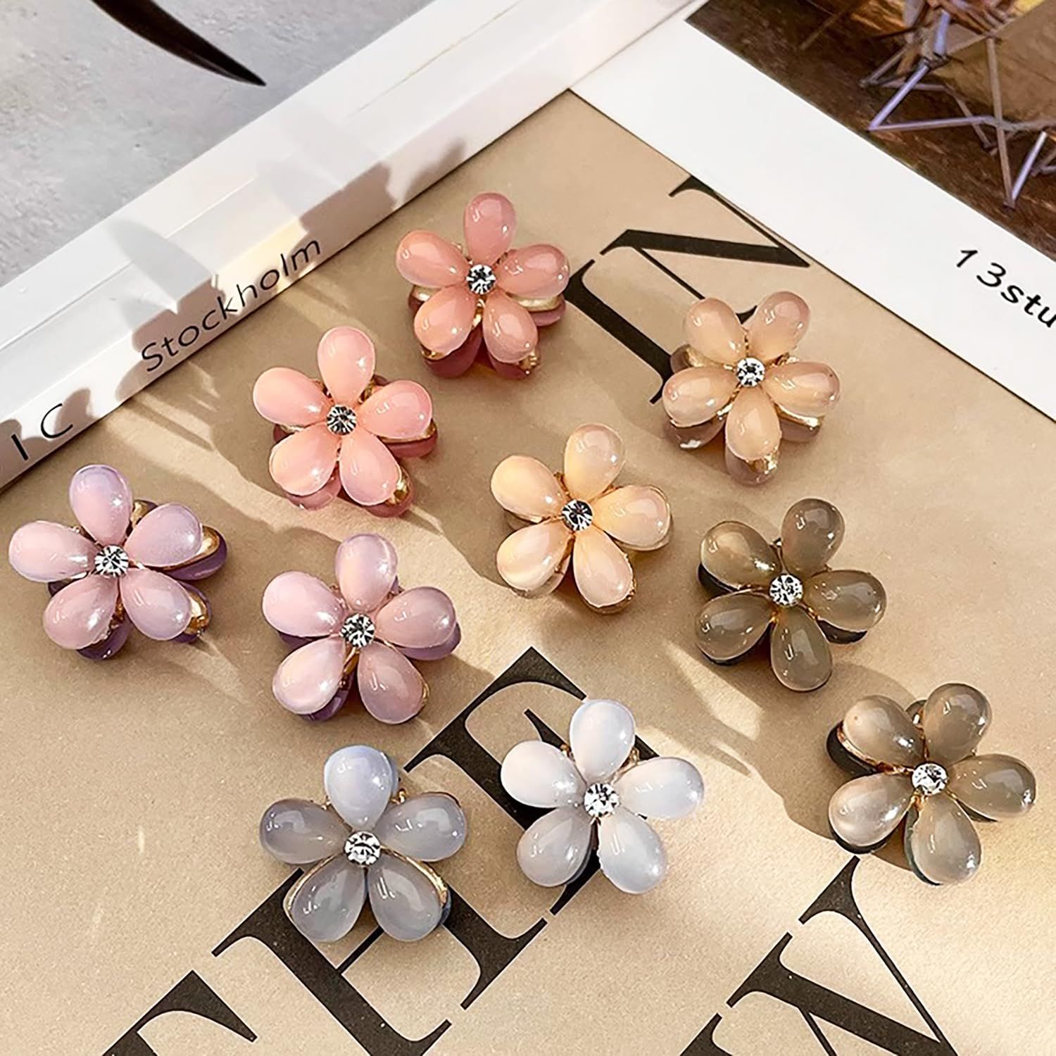 Doromy 10 Packs Mini Flower Crystal Claw Clips Small Opal Hair Clips Spring Floral Pearl Hair Clip Small Metal Hair Claw Barrettes for Women's and Girls Hair Accessories