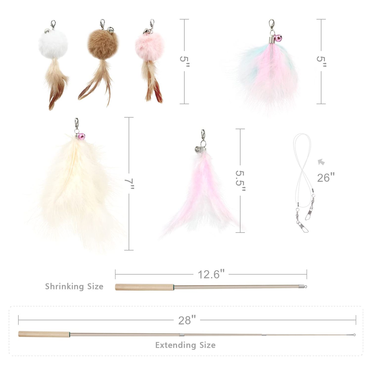 SONGWAY Cat Interactive Feather Toys - 7 PCS Cat Toys Set for Indoor Cats, Retractable Cat Wand Toy, Cat Feather Toys with Bell,Replaceable Cat Feather Tail Toy, Kitten Toy Gift, Pink