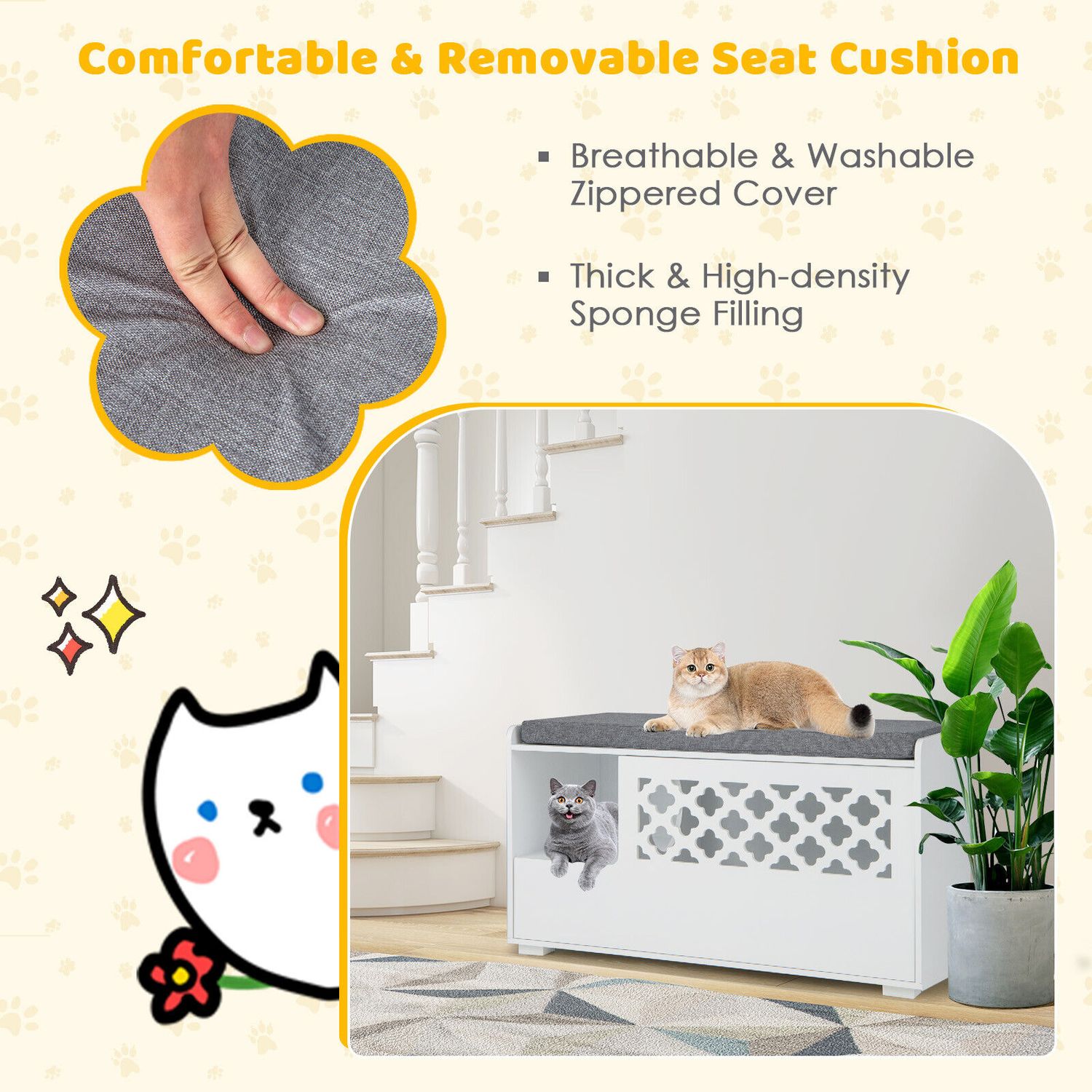 Cat Litter Box Enclosure w/ Removable Cushion & Flip-Down Opening Modern White
