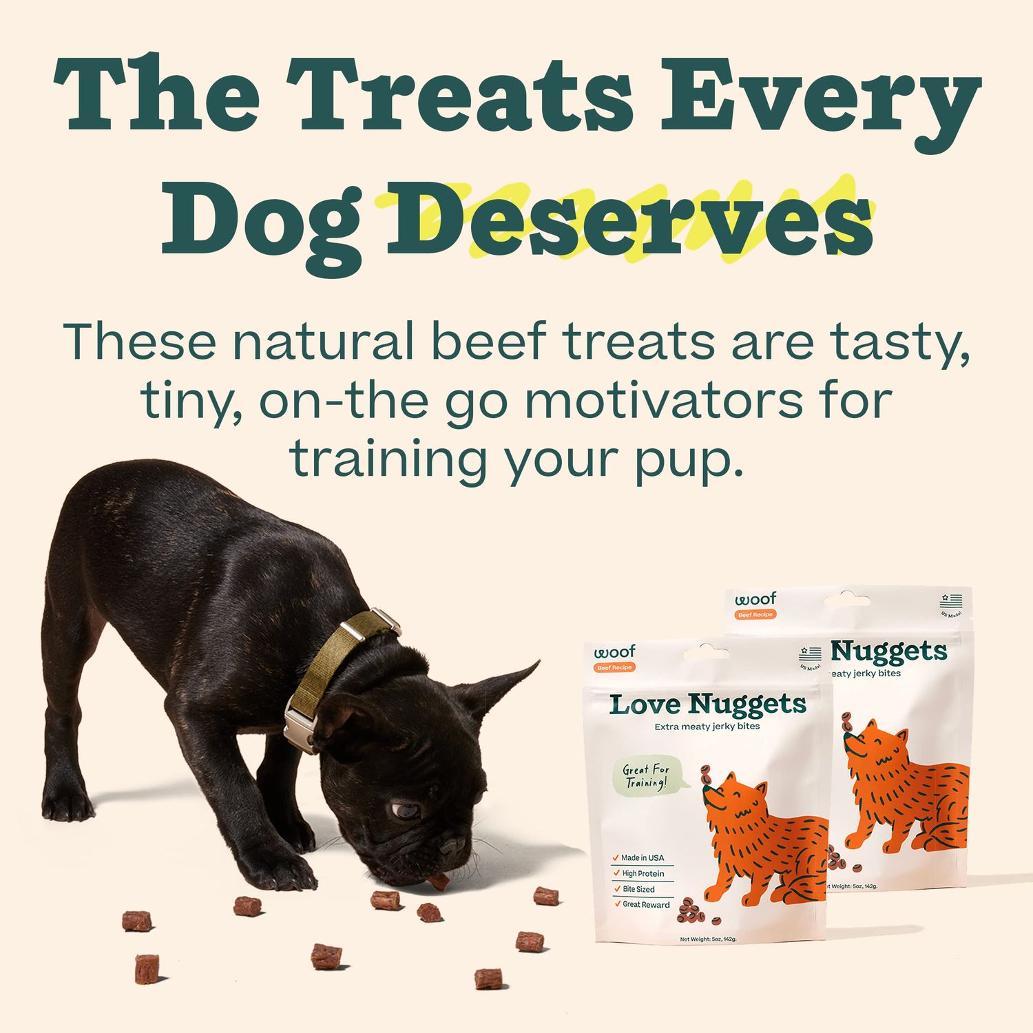 WOOF Love Nuggets, Made in The USA Dog Treats for Training, Jerky for Dogs, Bite-Sized Beef Training Treats