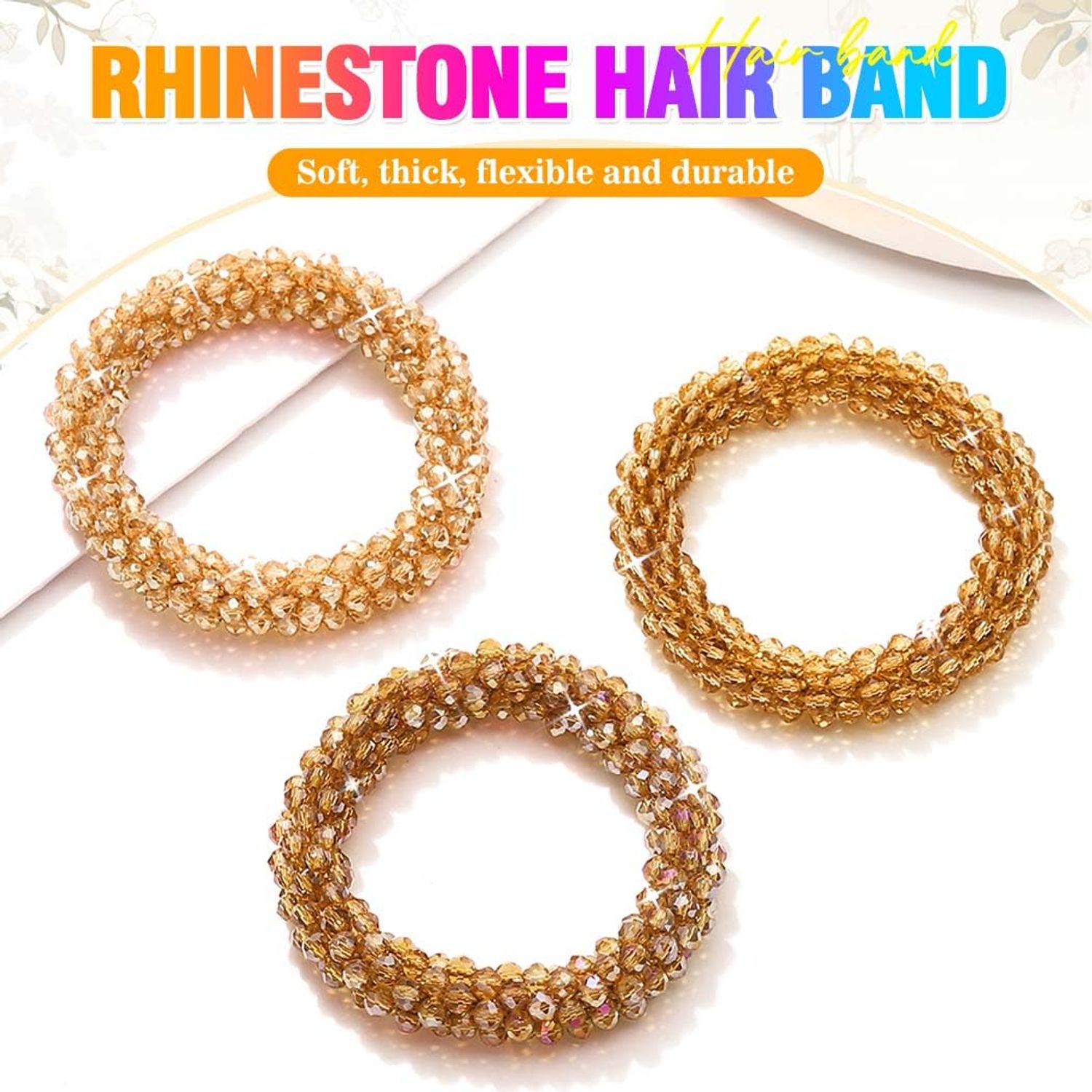 Fashey Rhinestone Hair Ties Champagne Elastic Ponytail Holder 3 Pcs Beaded Hairbands Stretchy Hair Accessories for Women