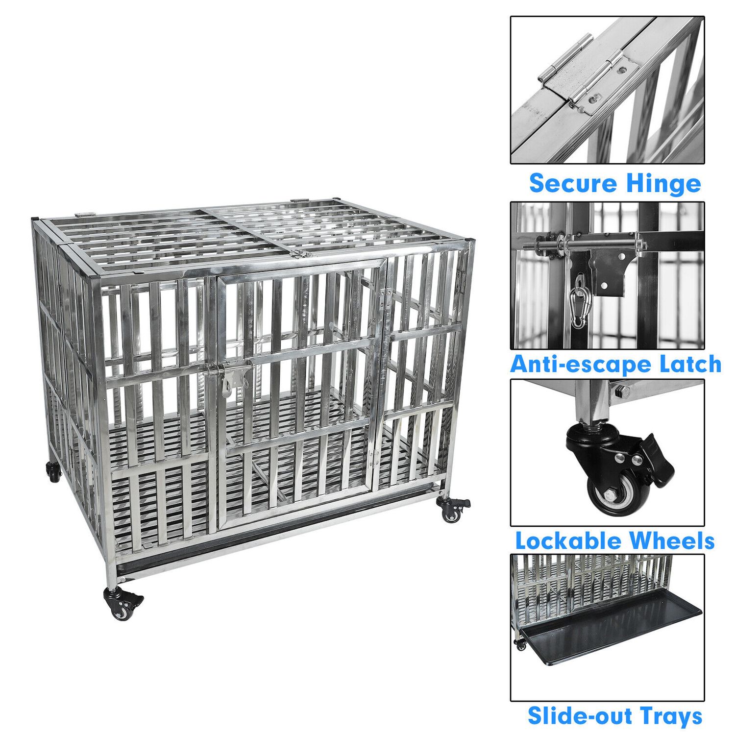 37" Stackable Dog Cage Stainless Steel Dog Kennel Dog Crate Folding Pet Playpen