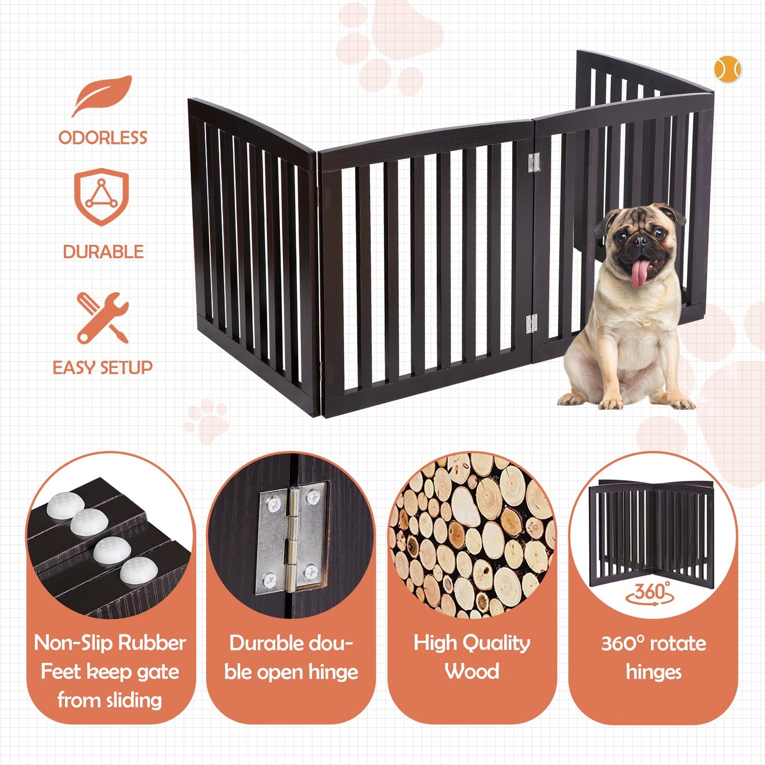 Dog Gate Pet Gate for House, Stairs, Hallways, Doorways 24Inch 4 Panels Foldable Dog Fence for Indoor Extra Wide Wooden (Coffee)