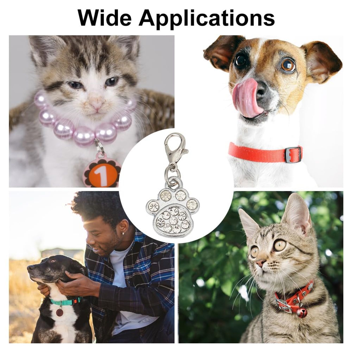 DELORIGIN 12pcs Alloy Pet Collar Charms Pendant 3 Styles Paw Heart Crown Cat Dog Pendants Rhinestone Key Chain Glitter with Carabiner Jewelry Clip-on Charms for Bag Necklace Bracelet Home Decor