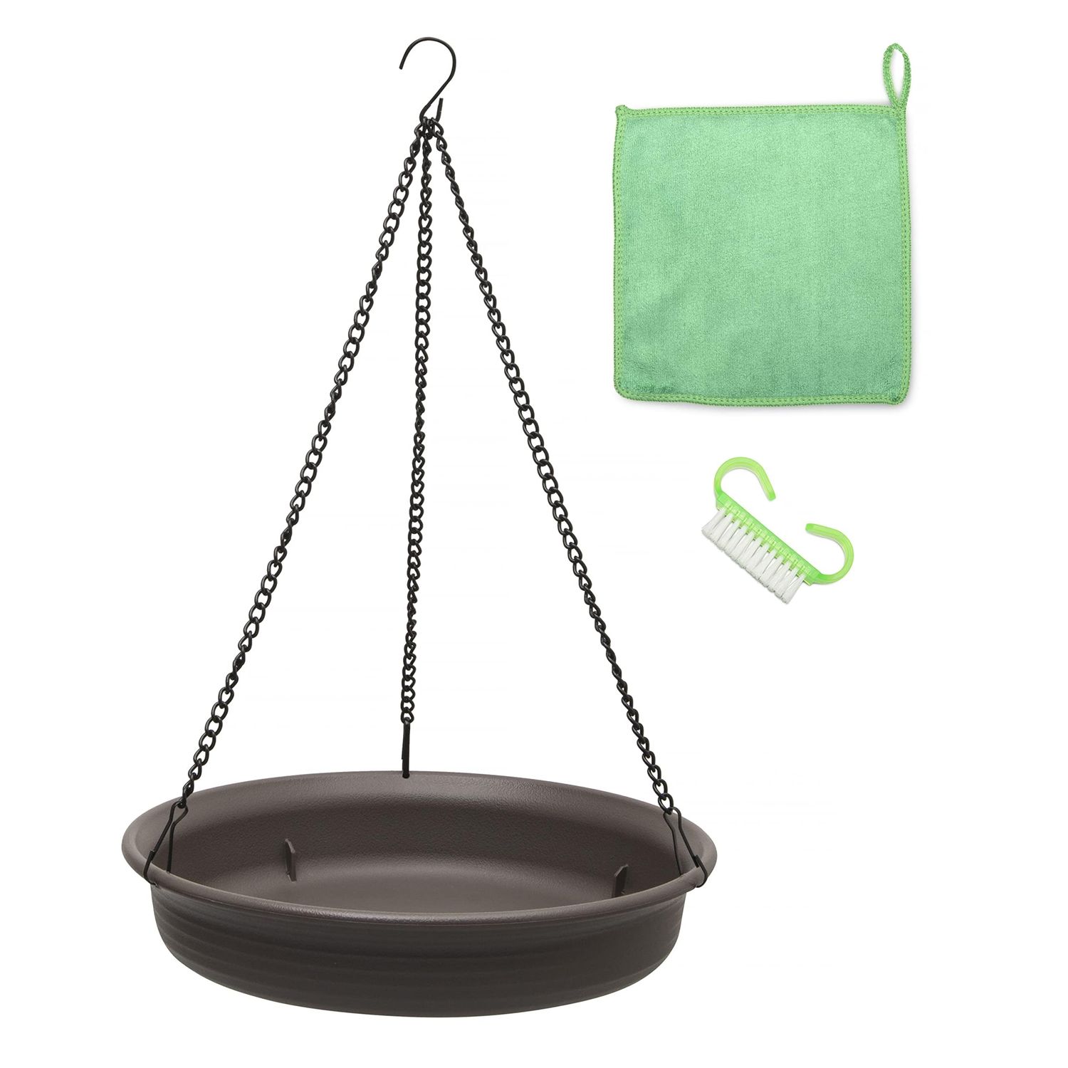 Magerdy Fields 12 Inch Hanging Bird Bath - 3 Chains with an S Hook - Complete with Microfiber Cleaning Cloth and Brush - Bird Bath for Outside - birdbaths for Outdoors- Crow Feeder