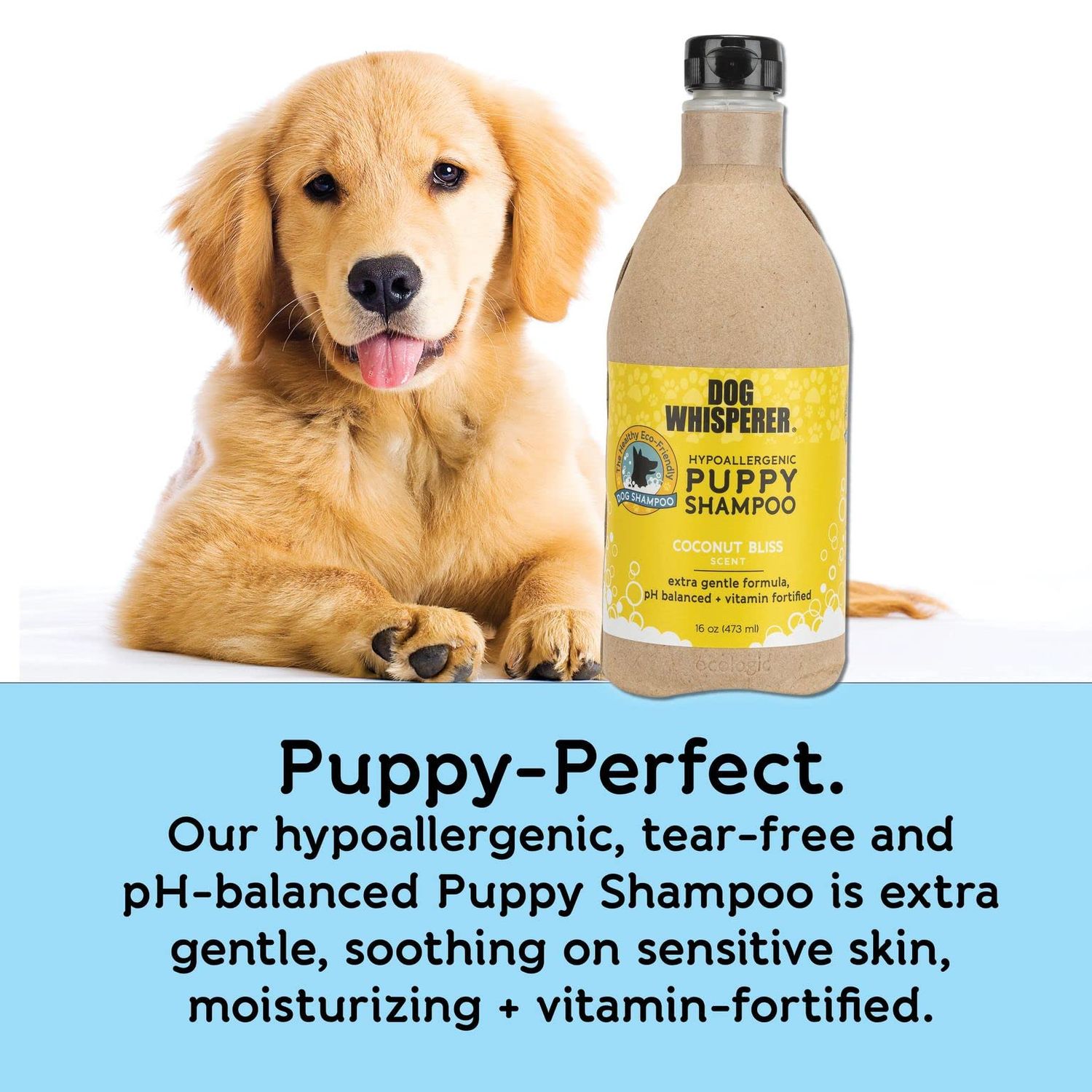 Dog Whisperer Hypoallergenic Puppy Shampoo by YAYA Organics | Gently Cleanses and Moisturizes with Organic Aloe Vera | Healthy + Eco-Friendly Formula with Coconut Bliss Scent | 16 oz