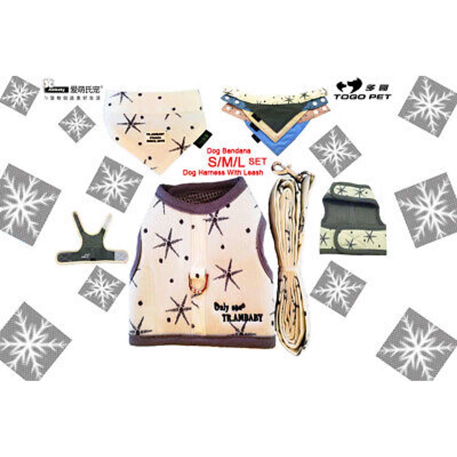 Ambaby 2pc-Set S/M/L Dog Harness Vest/Bandana/Leash Set Print For Pet Puppy Cat
