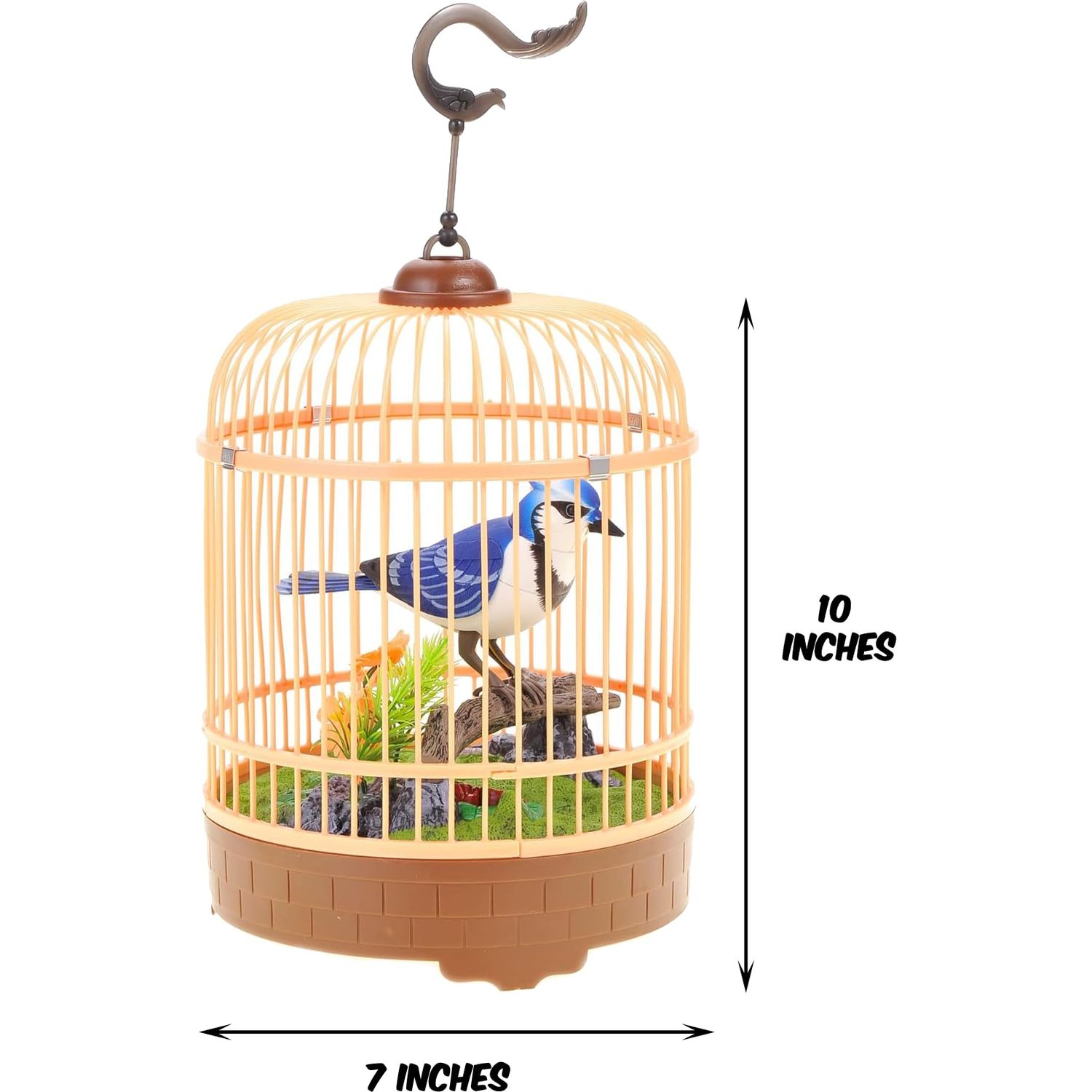 PowerTRC Singing & Chirping Bird in Cage, Realistic Sounds & Movements, Sound Activated, Battery Operated, Great Desk and Room Accessory, Pet Caged Bird Toy (10” x 7”)