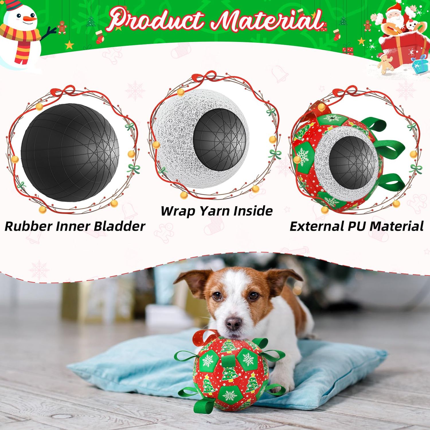 ShuRung Christmas Soccer Ball Dog Toy with Straps Dog Interactive Play Balls for Tug of War Christmas Tree & Snowflower Pattern Dog Soccer Ball for Small Medium Big Size Dog (8 inches)