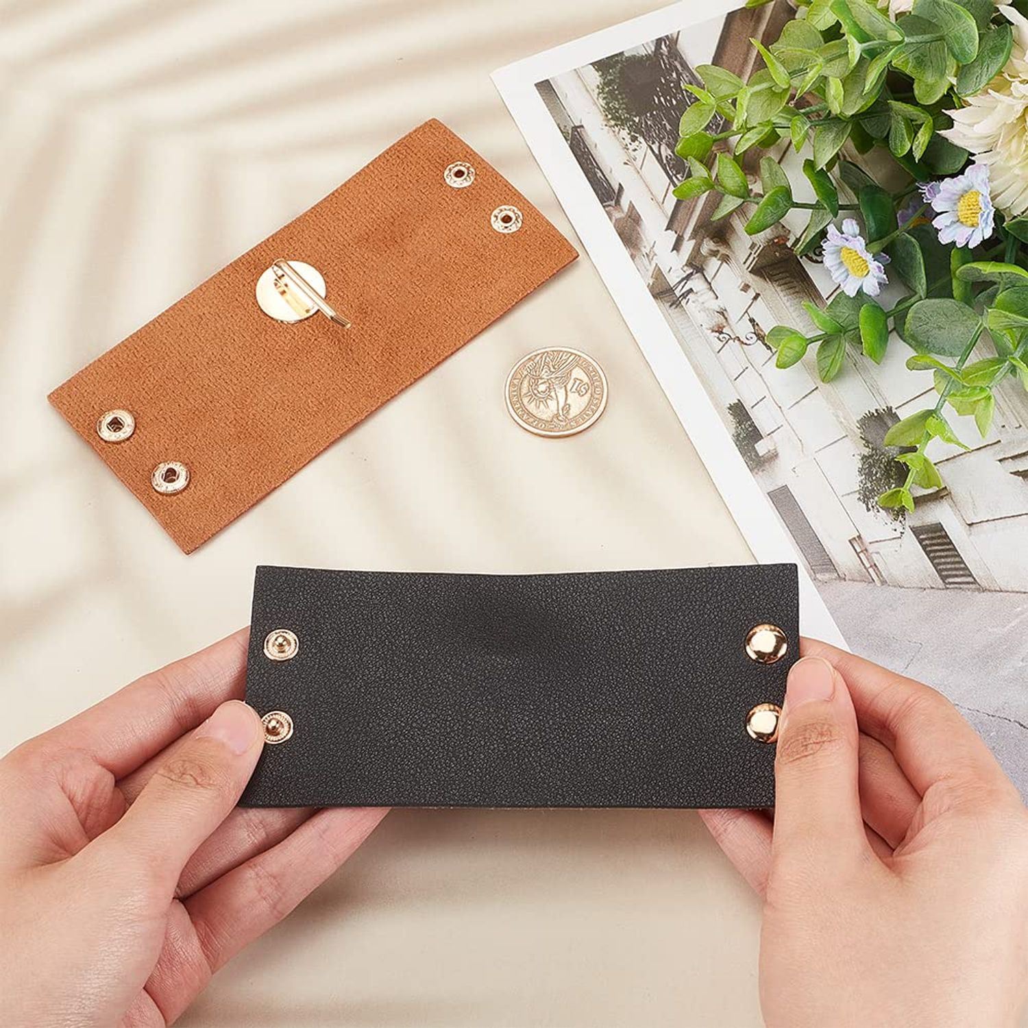 OLYCRAFT 2Pcs Leather Ponytail Holder Ponytail Wrap Hair Glove Leather Hair Cuff Accessories Leather Hair Wraps for Women with Long Hair - Black & Chocolate Color