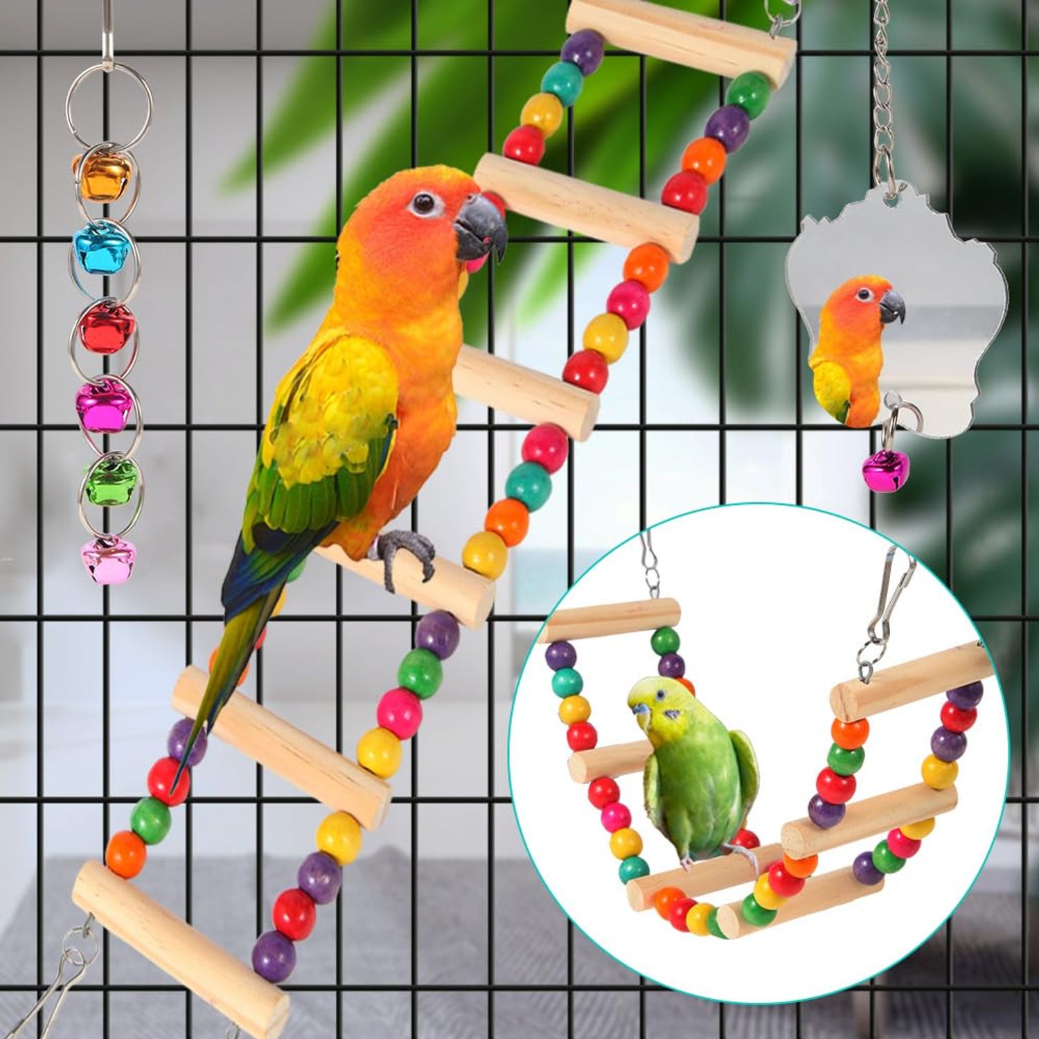 YIXUND Bird Toys for Parakeets 9Pcs,Bird Wooden Ladder Bridge Parrots Toys Budgie Toys Bird Cage Accessories,Swing Hammock for Conure,Cockatiel,Love Birds, Finches, Mynah,Budgerigar