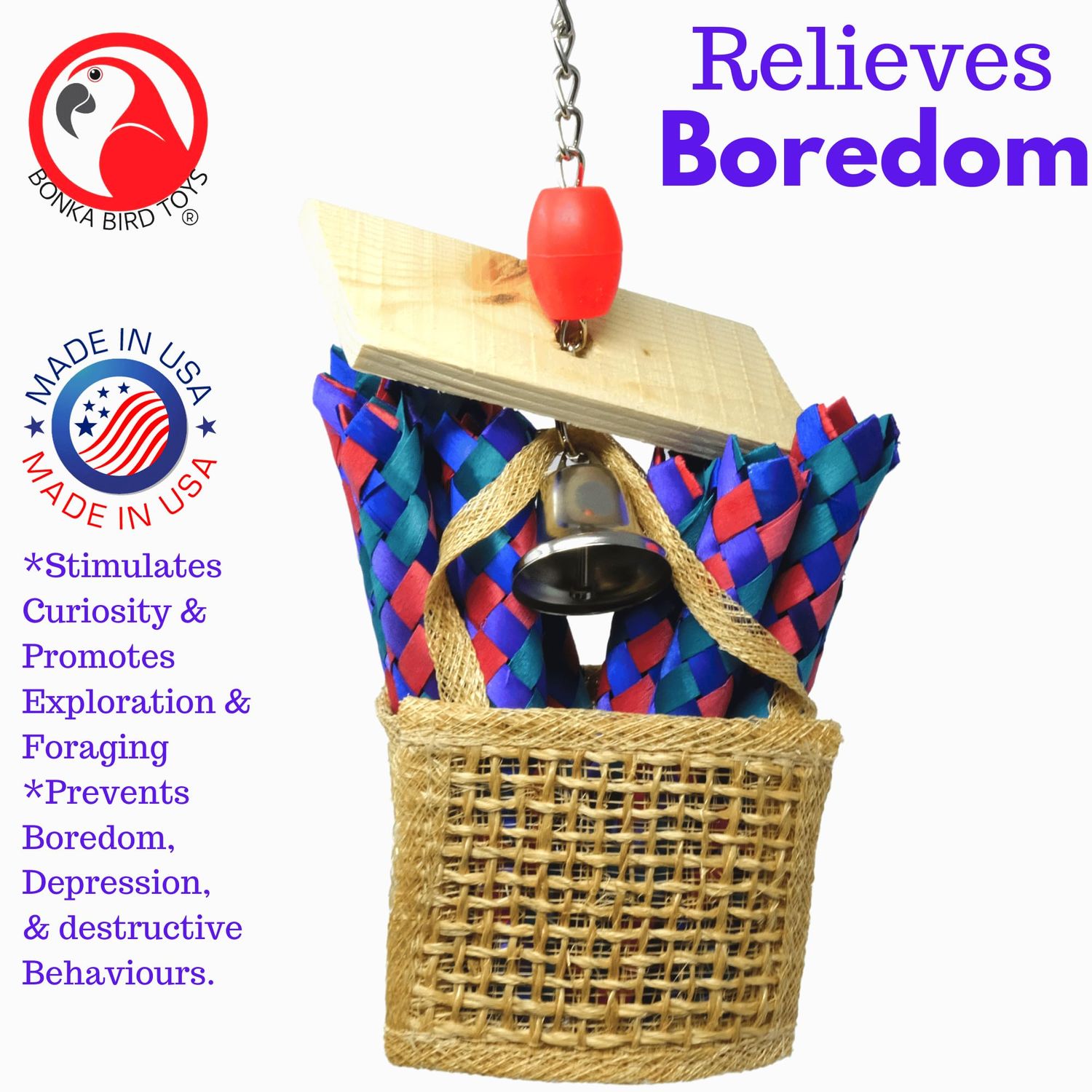 Bonka Bird Toys 1653 Chewy Bag 8" High by 4" Wide Medium Parrot Shredder Forage Cage Toy, Conure, Pionus, Lories, and Similar