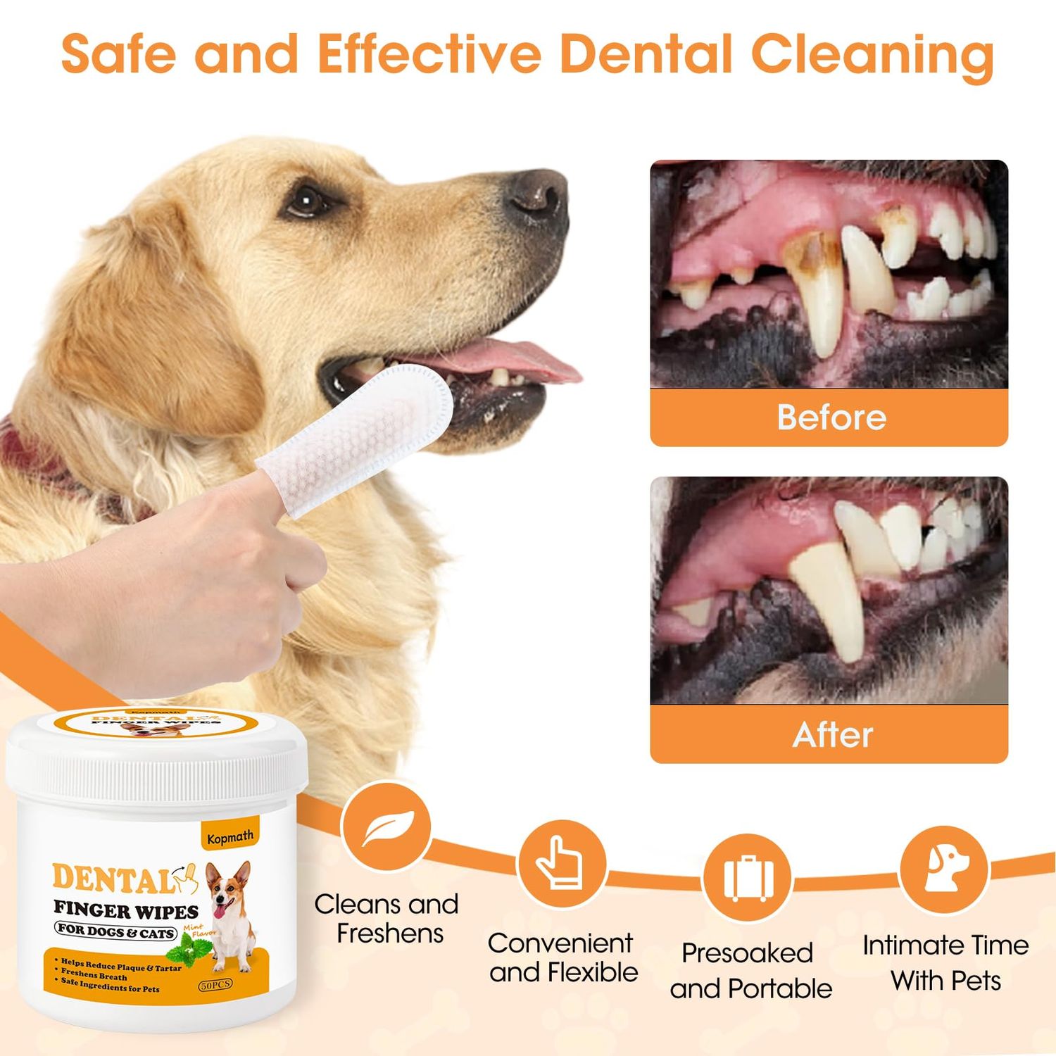 Kopmath Dental Care Finger Wipes for Dogs & Cats, Reduces Plaque & Tartar, Freshens Breath, Pre-Soaked Pet Teeth Wipes, Easy to Use Disposable Oral Cleaning Pads,Mint Flavor,100pcs