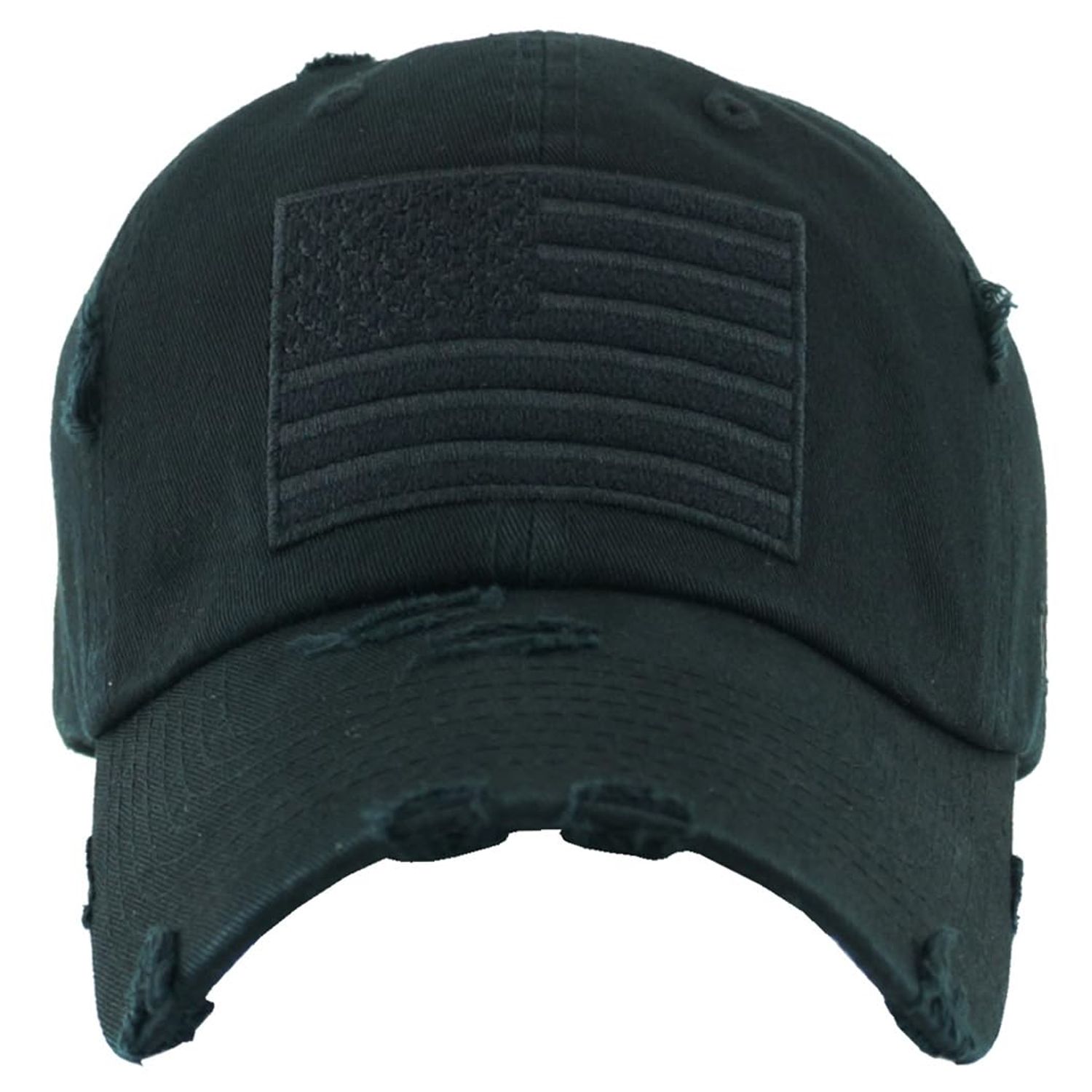 Funky Junque Women's Vintage Distressed Baseball Cap, Happy Camper Hat, Beach Baseball Cap for Women, Mom Life Hat - American Flag - Black