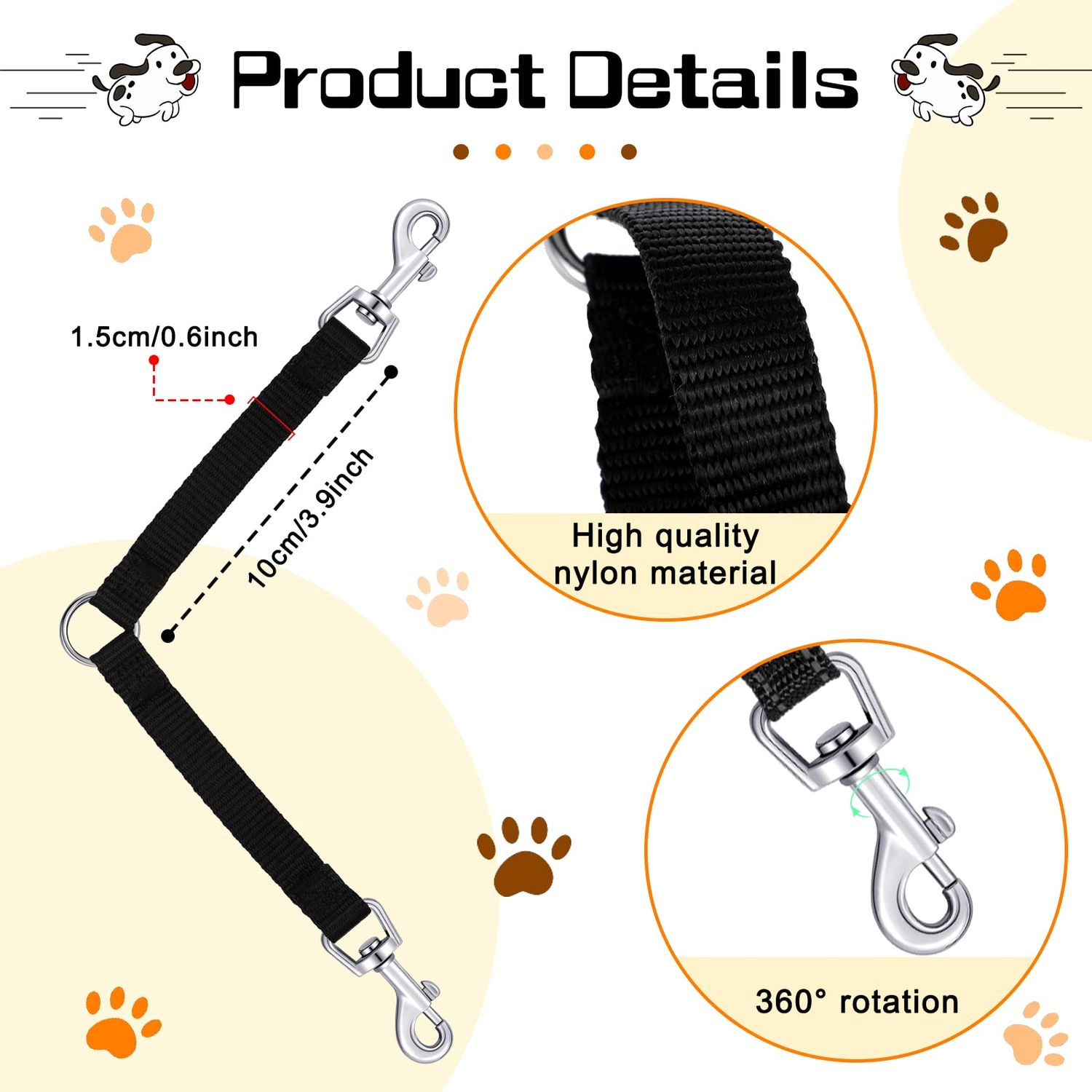 4 Pieces No Tangle Dog Leash Couplers Black Double Clip Leash for Dogs Two Clasp Dog Double Leashes 0.6 Inch Wide Heavy Duty Nylon Leash Splitter for Large Dogs Pet Walking Supplies, 4 Inch
