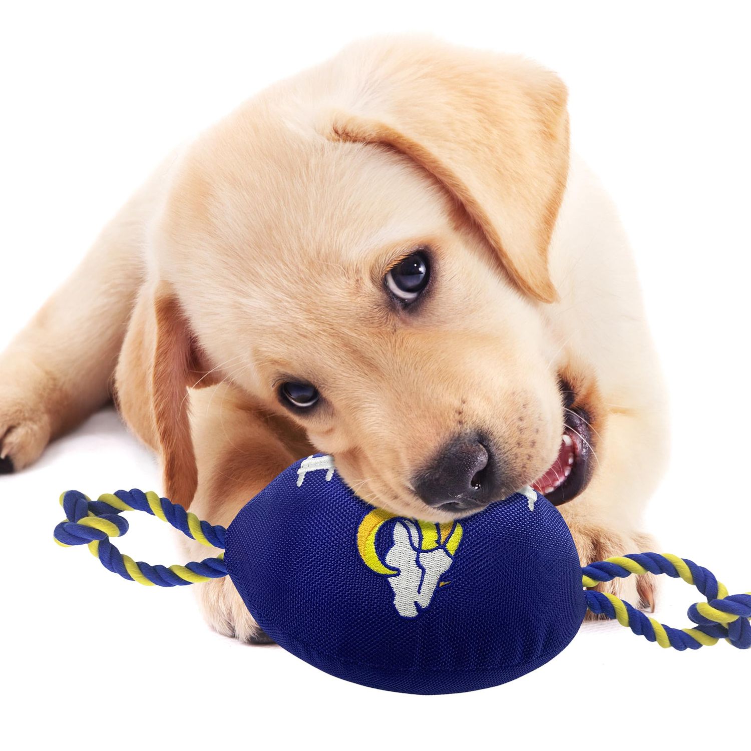 Pets First NFL Los Angeles Rams Football Dog Toy, Tough Quality Nylon Materials, Strong Pull Ropes, Inner Squeaker, NFL Team Color