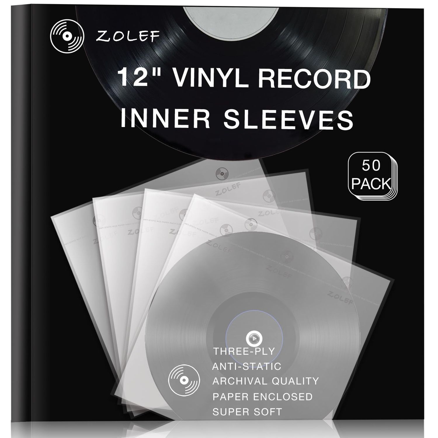 12" Vinyl Record Sleeves Inner 50 Pack, Thicker 3-Ply Anti Static Archival LP Inner Sleeve with Rice Paper for 33 RPM Records Protection