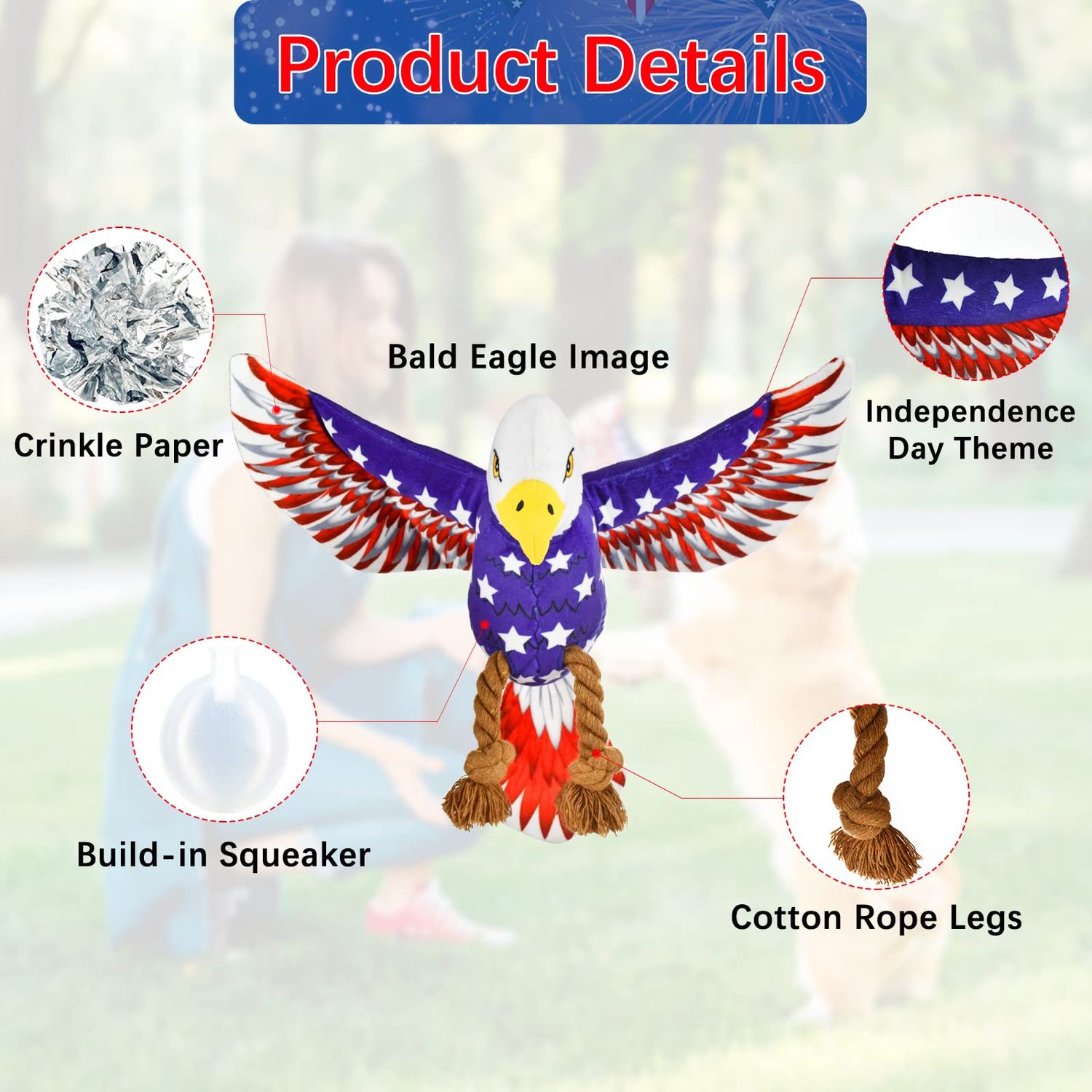 Vehomy Dog Squeaky Toy 4th of July Puppy Dog Toy Independence Day Pet Plush Eagle Toy with Crinkle Paper Squeaker Dog Interactive Toy for Small Medium Dogs