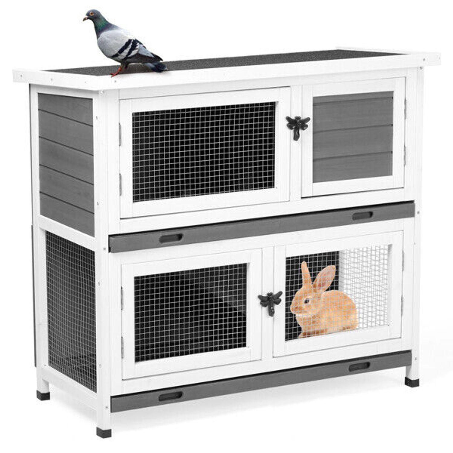 Indoor Outdoor 2 Story Solid Wood Rabbit Hutch Guinea Pig Cage Pet House Grey