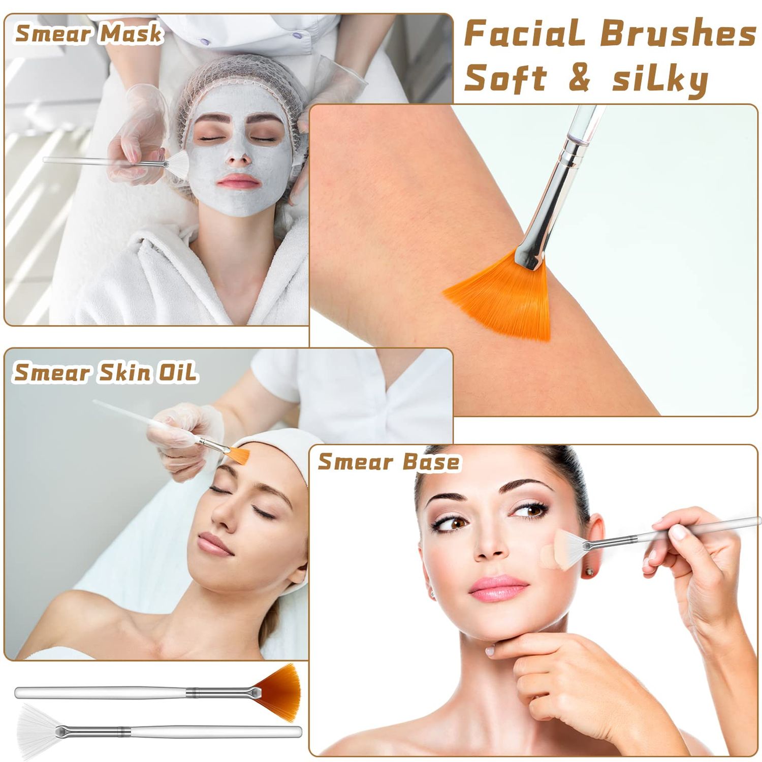 4 Pcs Spa Facial Headband Makeup Head Wrap Adjustable Towel with 30 Pcs Compressed Facial Sponges, 4 Pcs Facial Mask Fan Brushes for Facial Esthetician Supplies (Yellow, White, Orange)