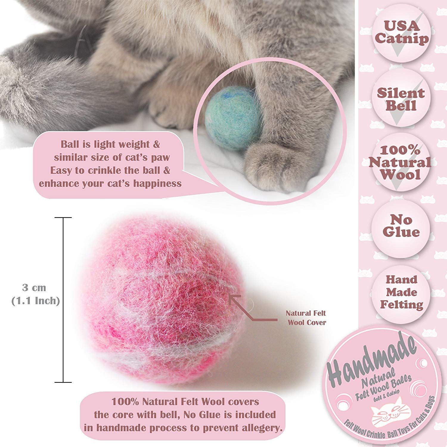 BALLMIE Felt Wool Cat Toys Ball with Catnip and Bell, Natural Handmade (Baby Pink (5 Units))