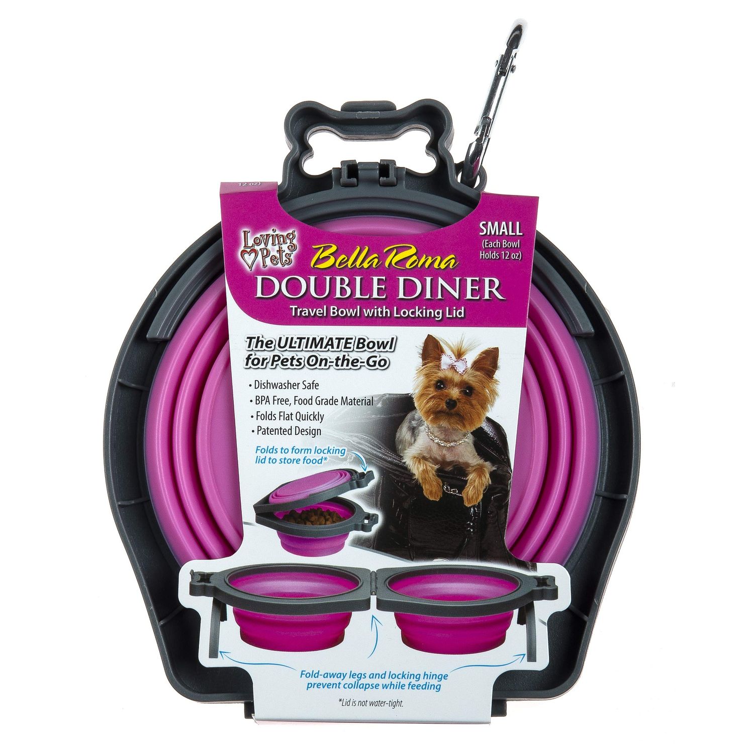 Loving Pets - Bella Roma Double Diner Portable Travel Dog Bowls Collapsible Combined Dog Food & Water Bowls (Pink, Small)